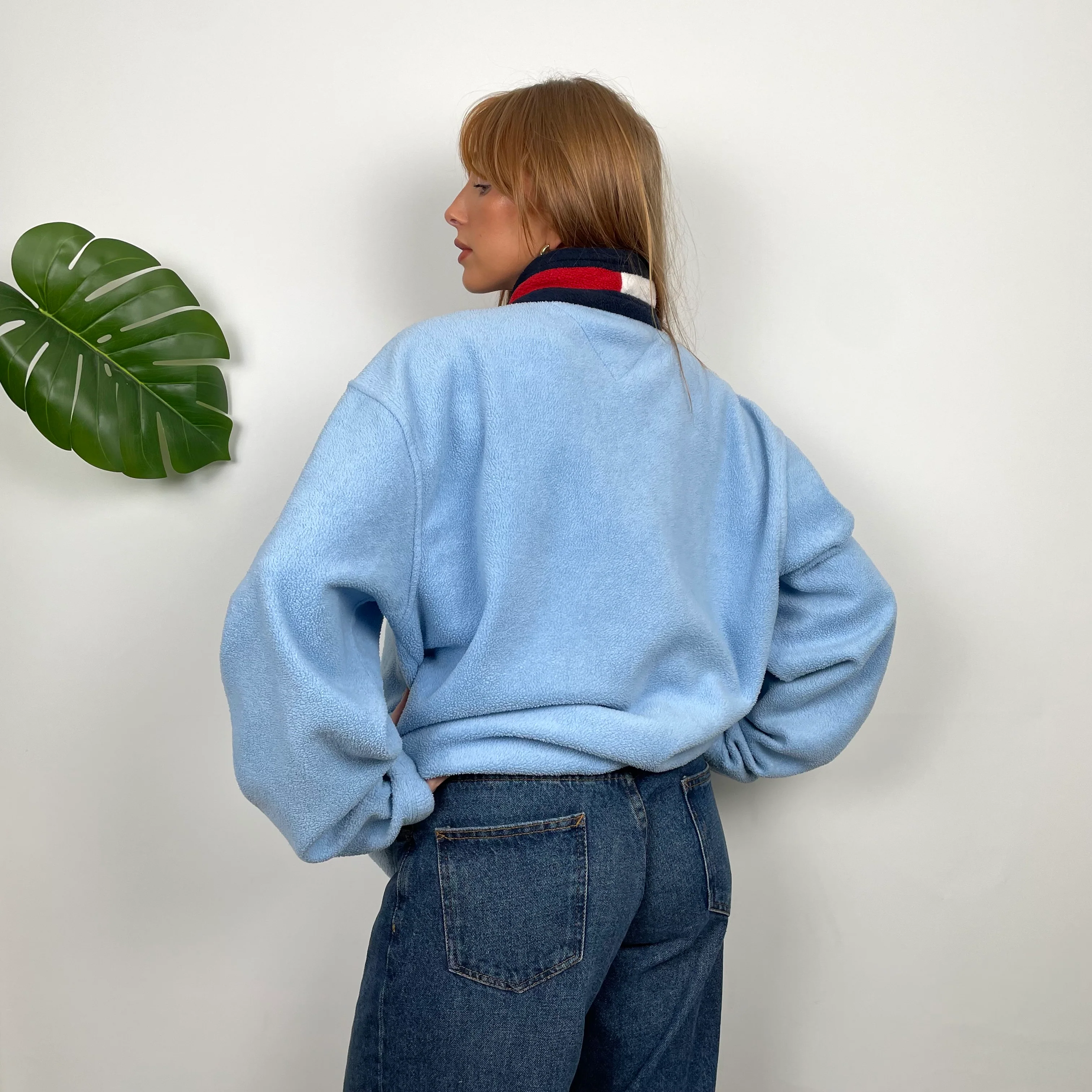 Tommy Hilfiger RARE Baby Blue Embroidered Spell Out Teddy Bear Fleece Quarter Zip Sweatshirt (L) - Image 5