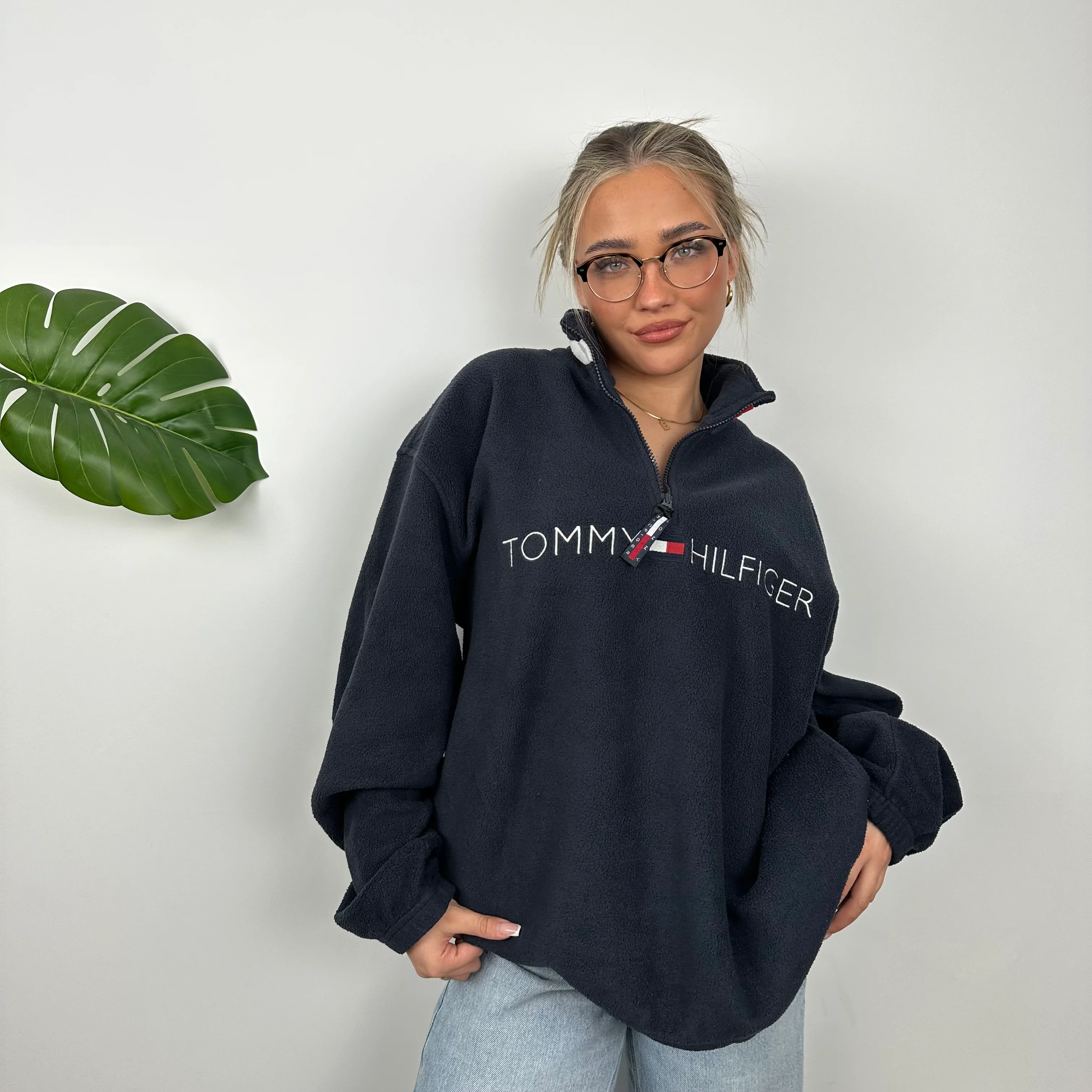 Tommy Hilfiger RARE Navy Embroidered Spell Out Teddy Bear Fleece Quarter Zip Sweatshirt (L) - Image 5