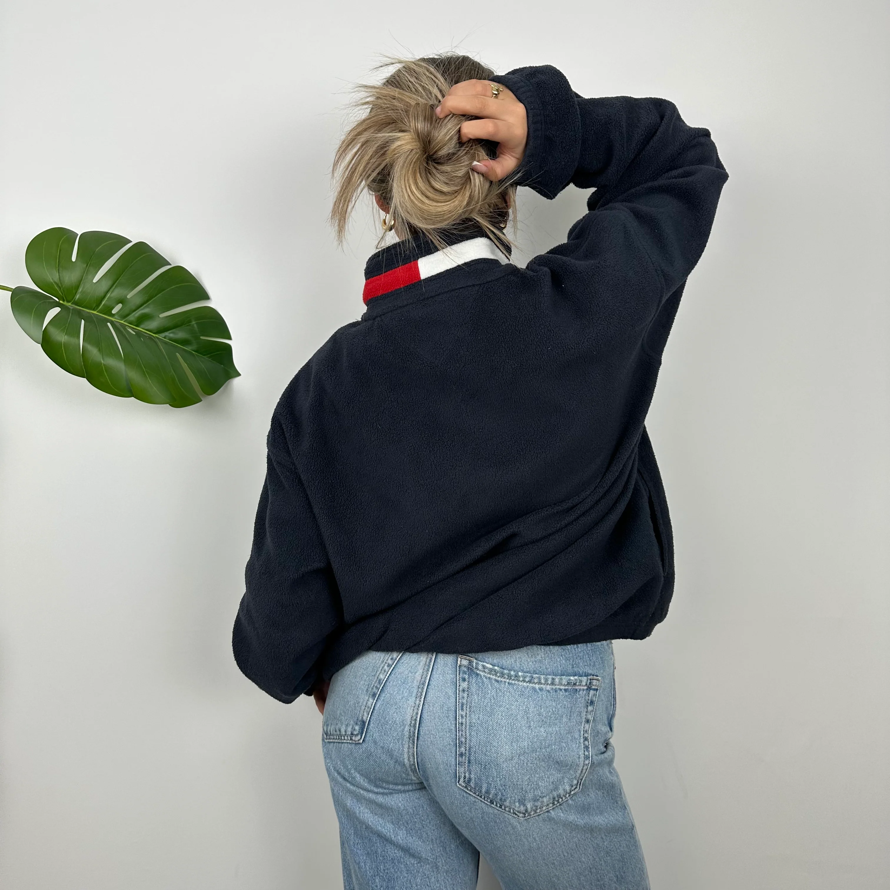 Tommy Hilfiger RARE Navy Embroidered Spell Out Teddy Bear Fleece Quarter Zip Sweatshirt (L) - Image 6