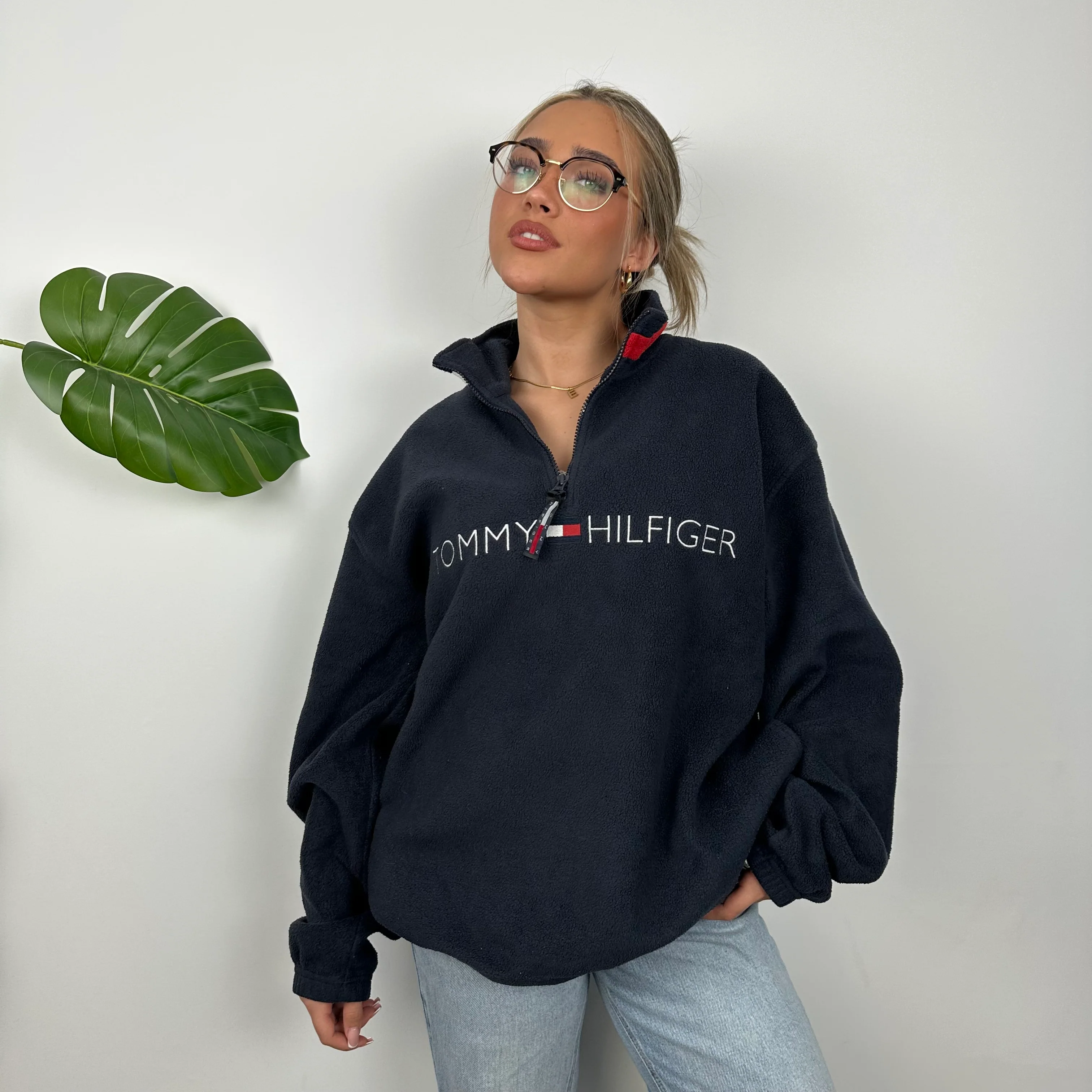Tommy Hilfiger RARE Navy Embroidered Spell Out Teddy Bear Fleece Quarter Zip Sweatshirt (L) - Image 7