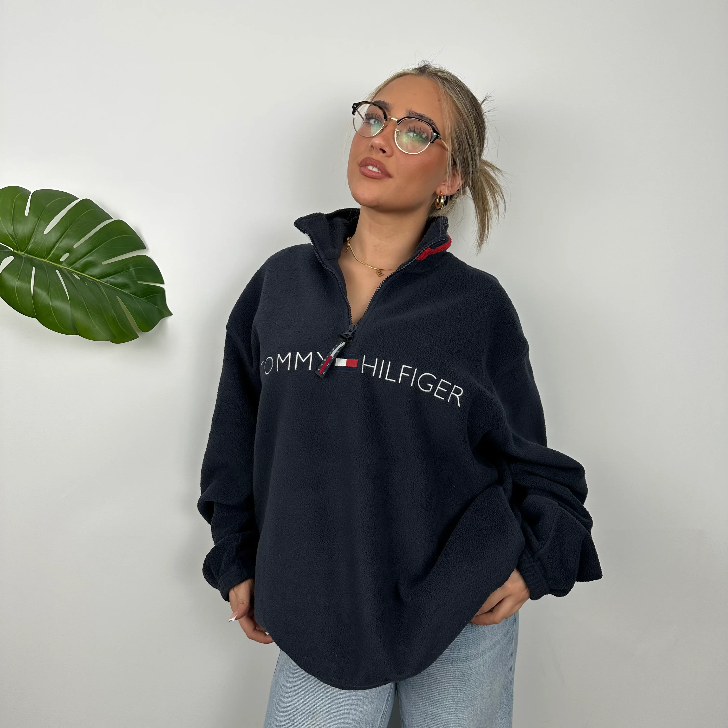 Tommy Hilfiger RARE Navy Embroidered Spell Out Teddy Bear Fleece Quarter Zip Sweatshirt (L) - Image 8