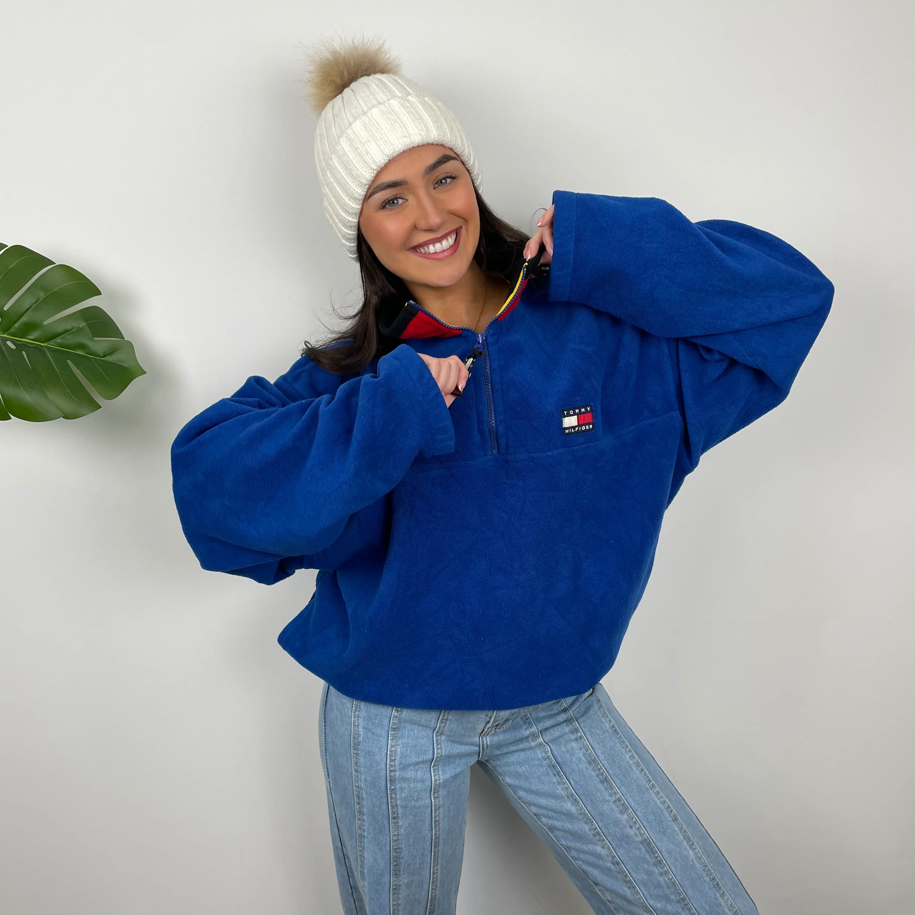 Tommy Hilfiger RARE Blue Embroidered Spell Out Teddy Bear Fleece Quarter Zip Sweatshirt (XL)