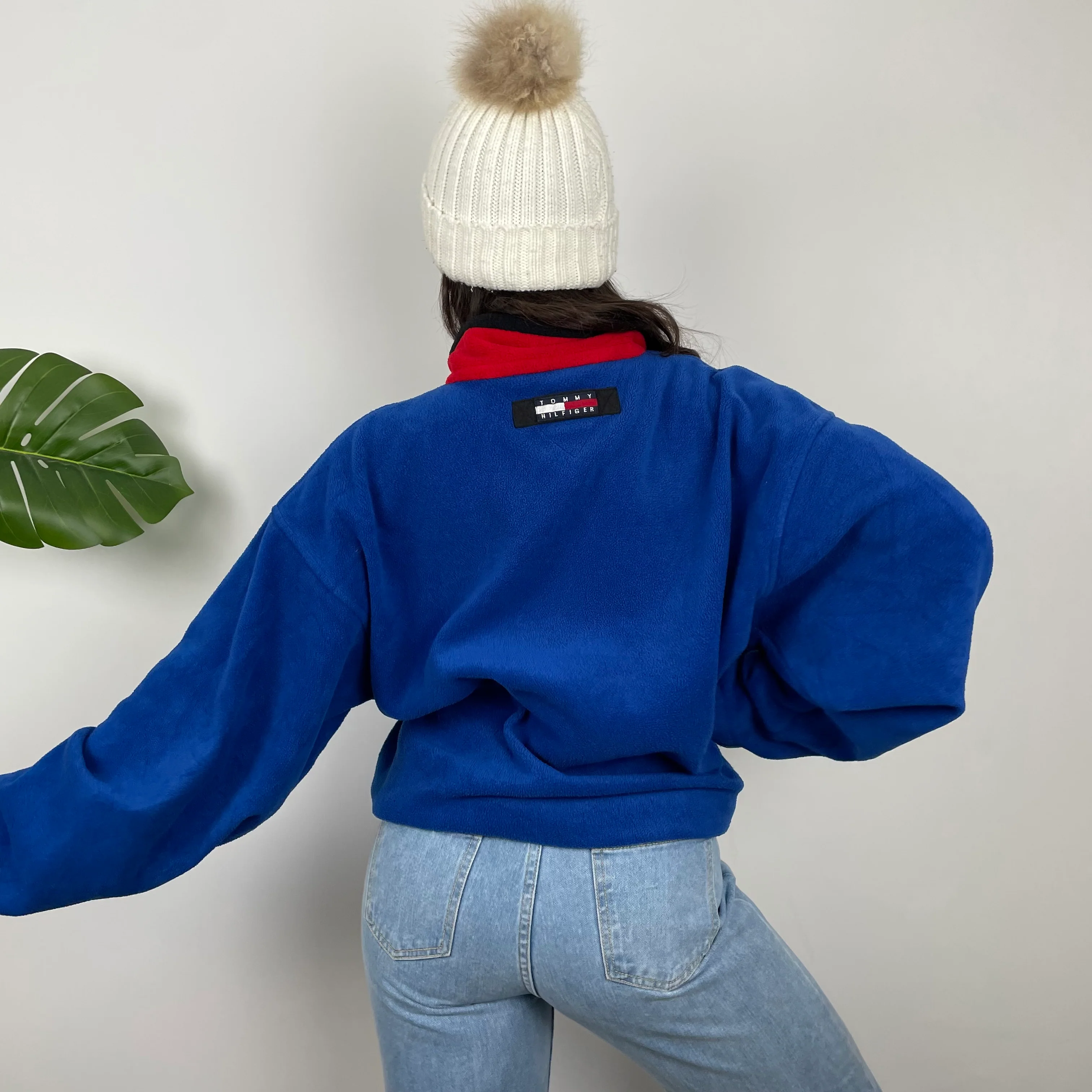Tommy Hilfiger RARE Blue Embroidered Spell Out Teddy Bear Fleece Quarter Zip Sweatshirt (XL) - Image 10