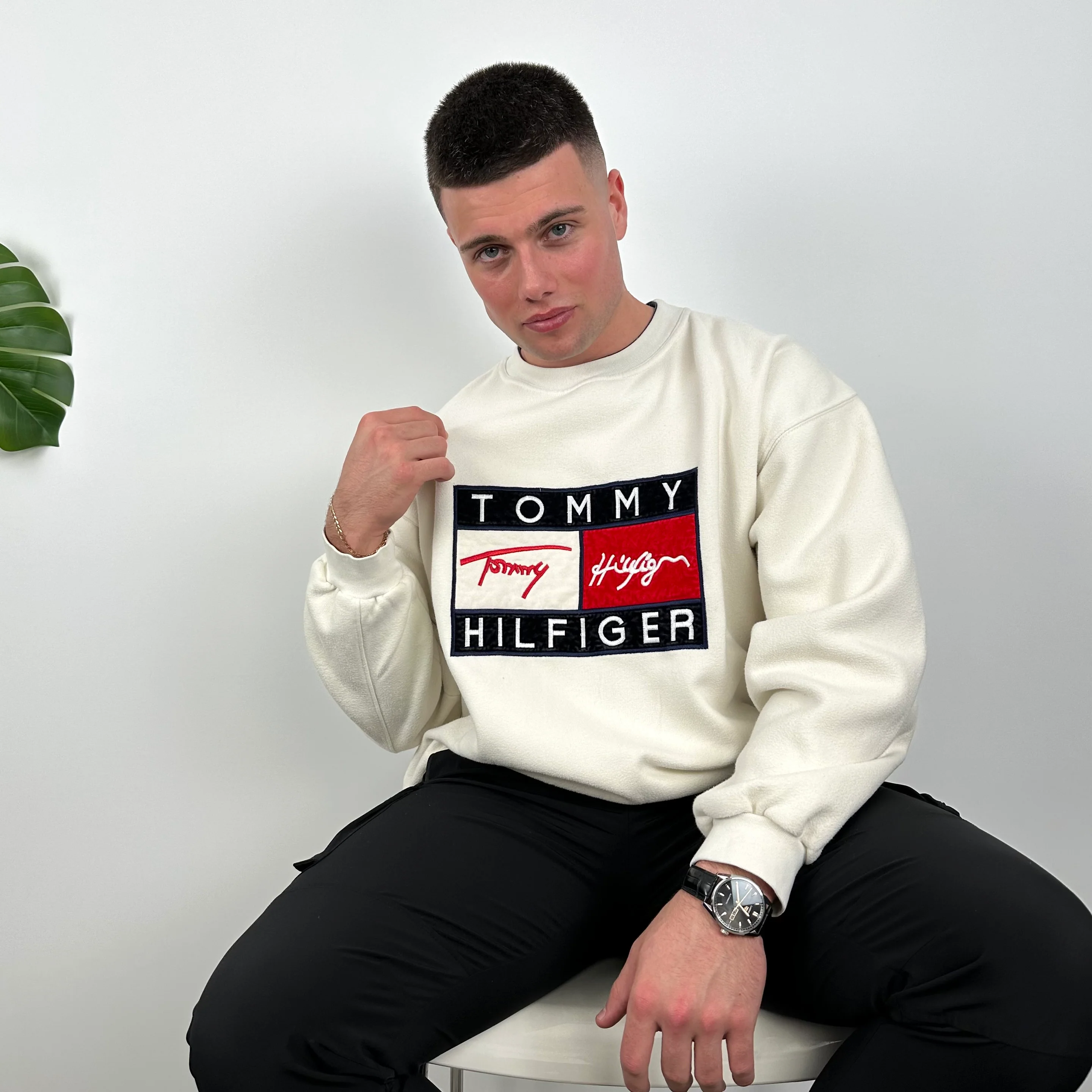 Tommy Hilfiger RARE Cream Embroidered Spell Out Sweatshirt (L) - Image 6
