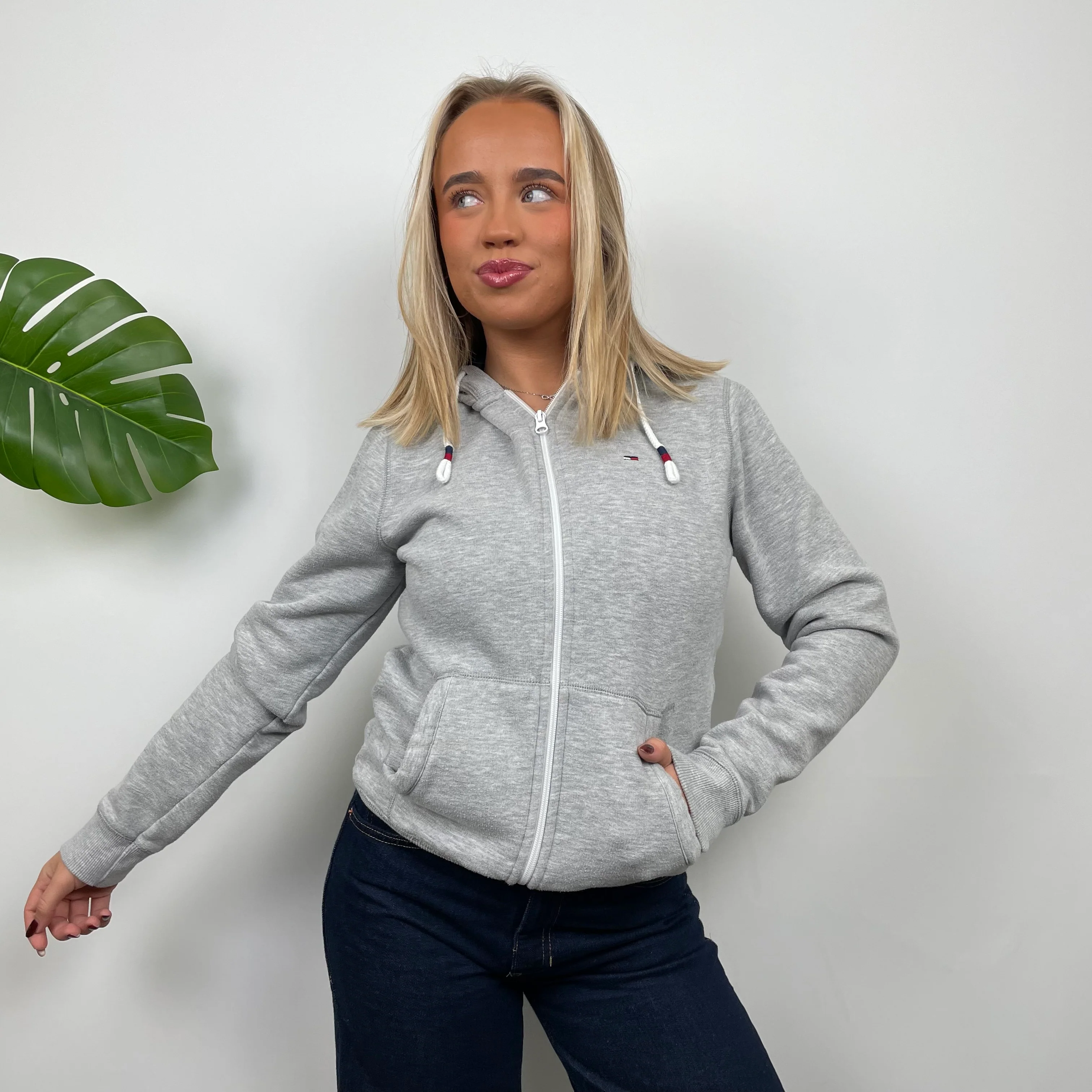Tommy Hilfiger RARE Grey Embroidered Spell Out Zip Up Hoodie Jacket (S) - Image 2