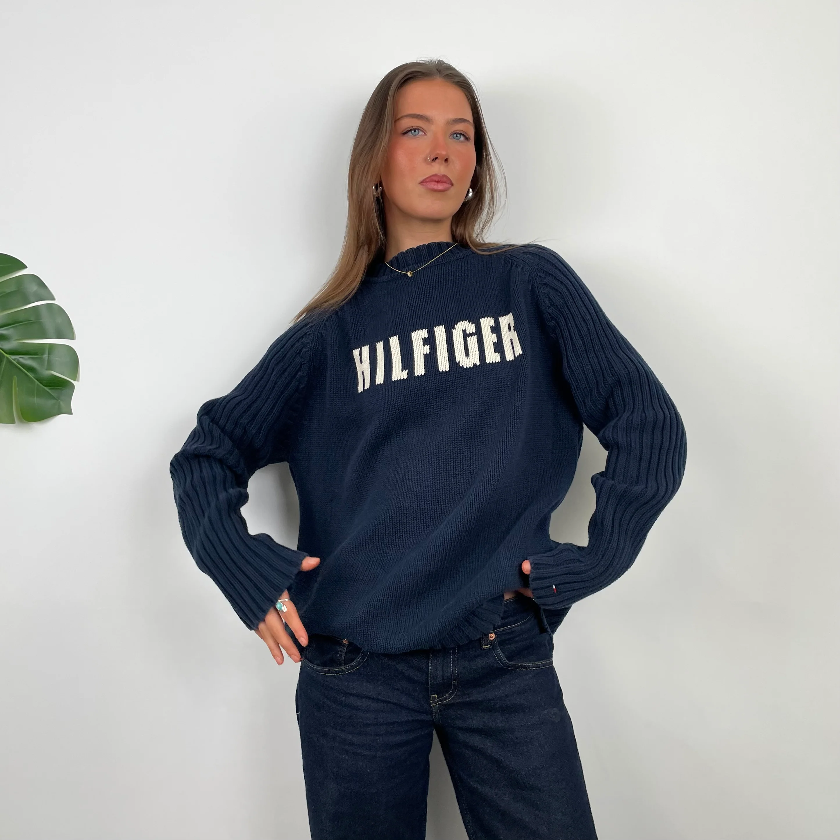 Tommy Hilfiger RARE Navy Embroidered Spell Out Knitted Sweater (L)