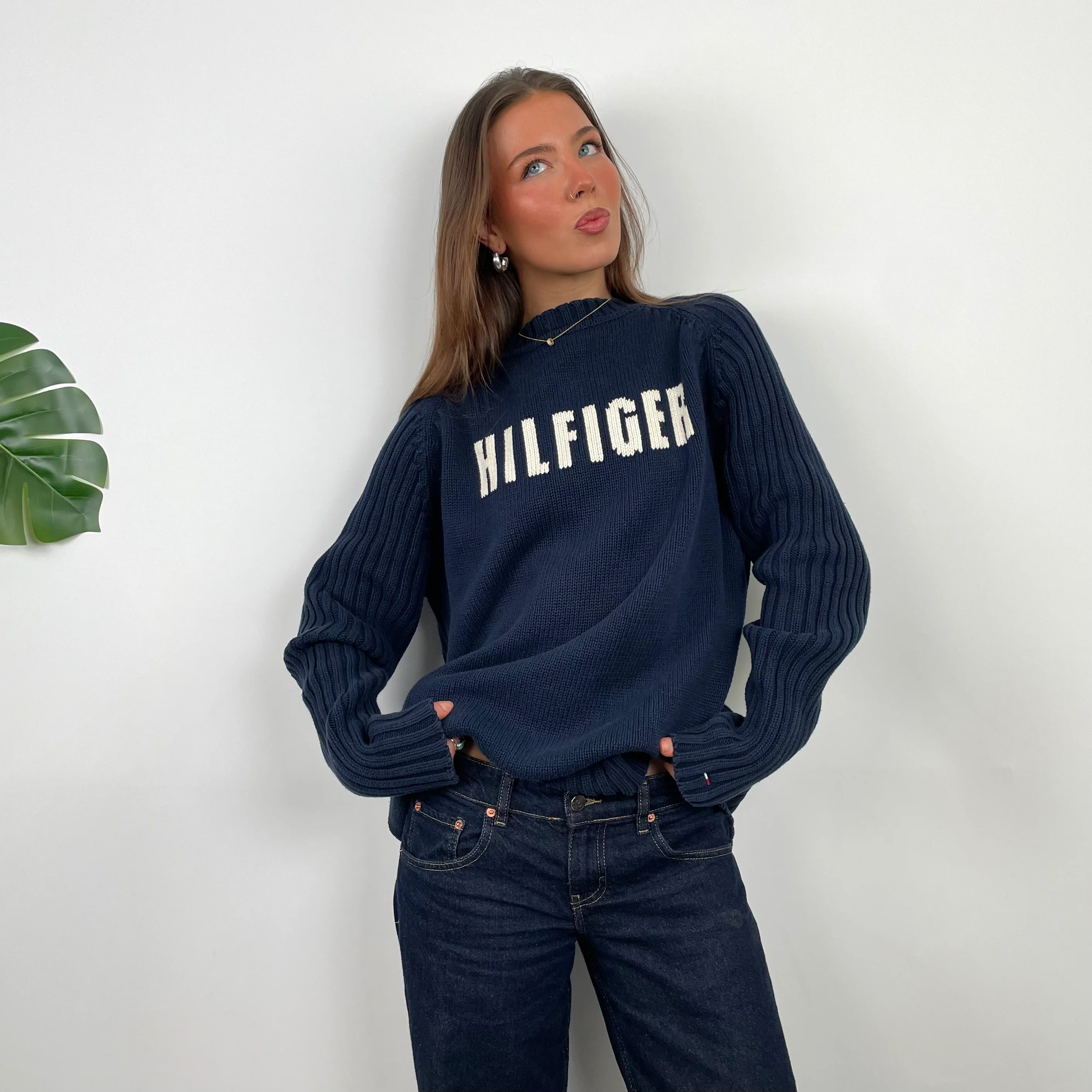 Tommy Hilfiger RARE Navy Embroidered Spell Out Knitted Sweater (L) - Image 6