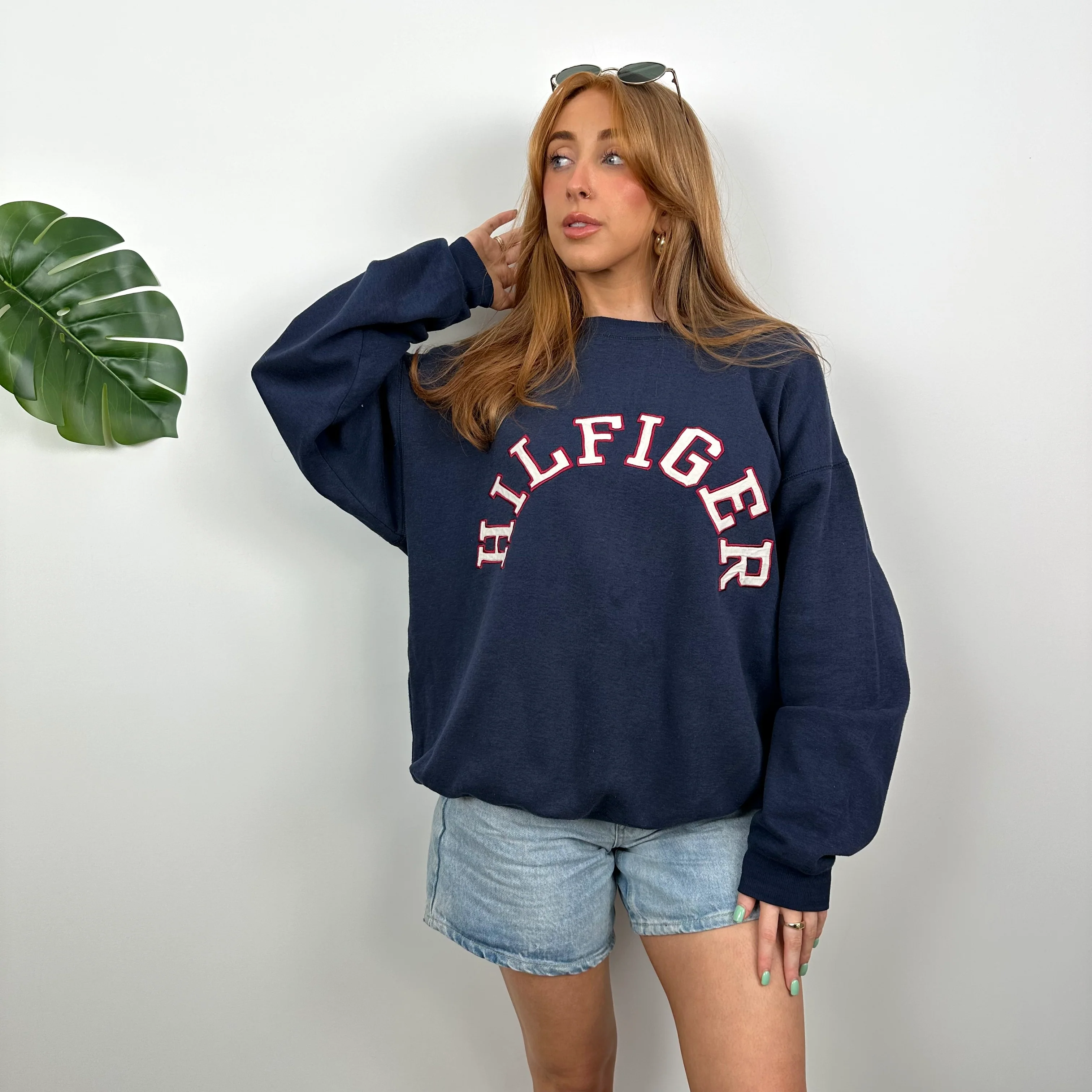 Tommy Hilfiger RARE Navy Embroidered Spell Out Sweatshirt (M) - Image 5