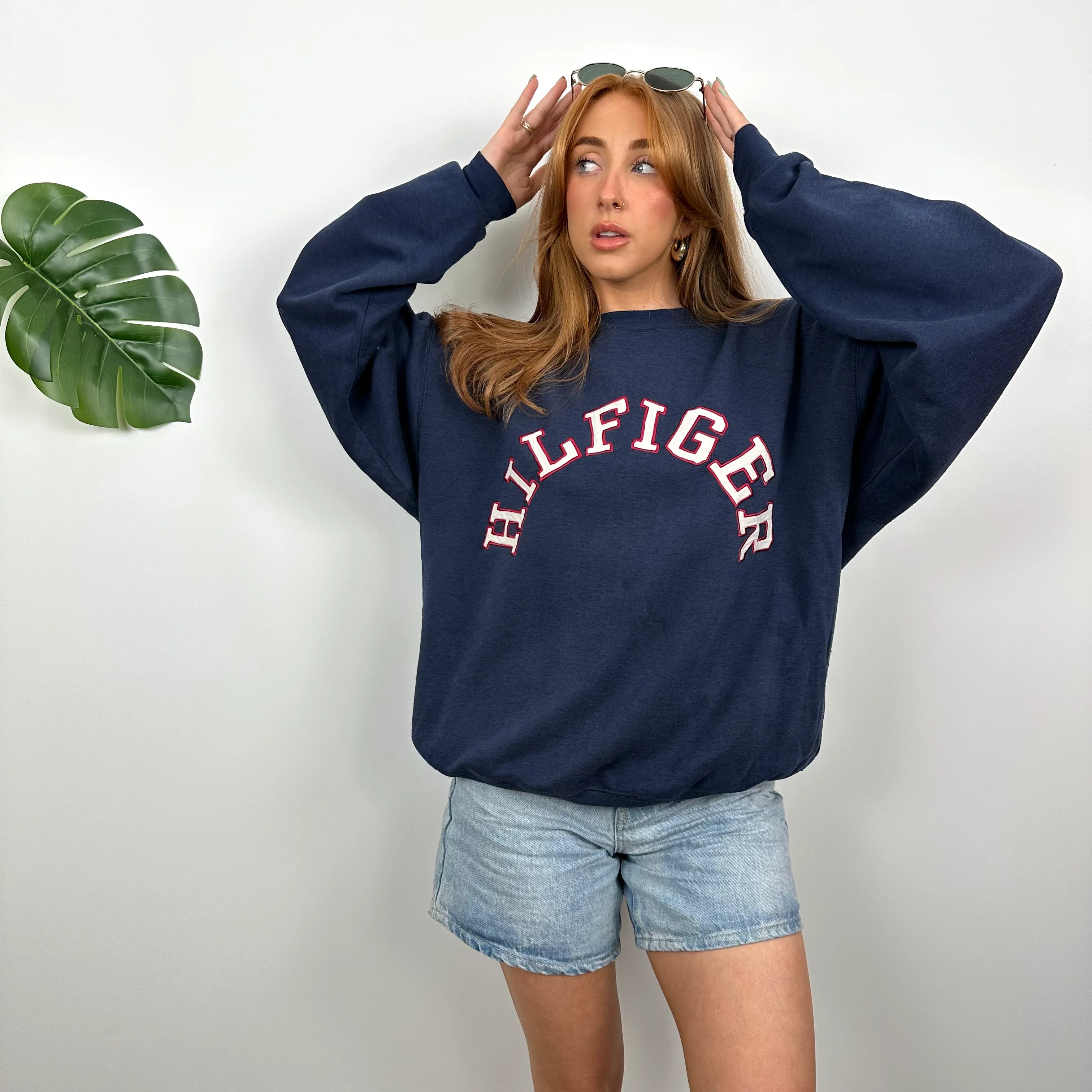 Tommy Hilfiger RARE Navy Embroidered Spell Out Sweatshirt (M) - Image 6