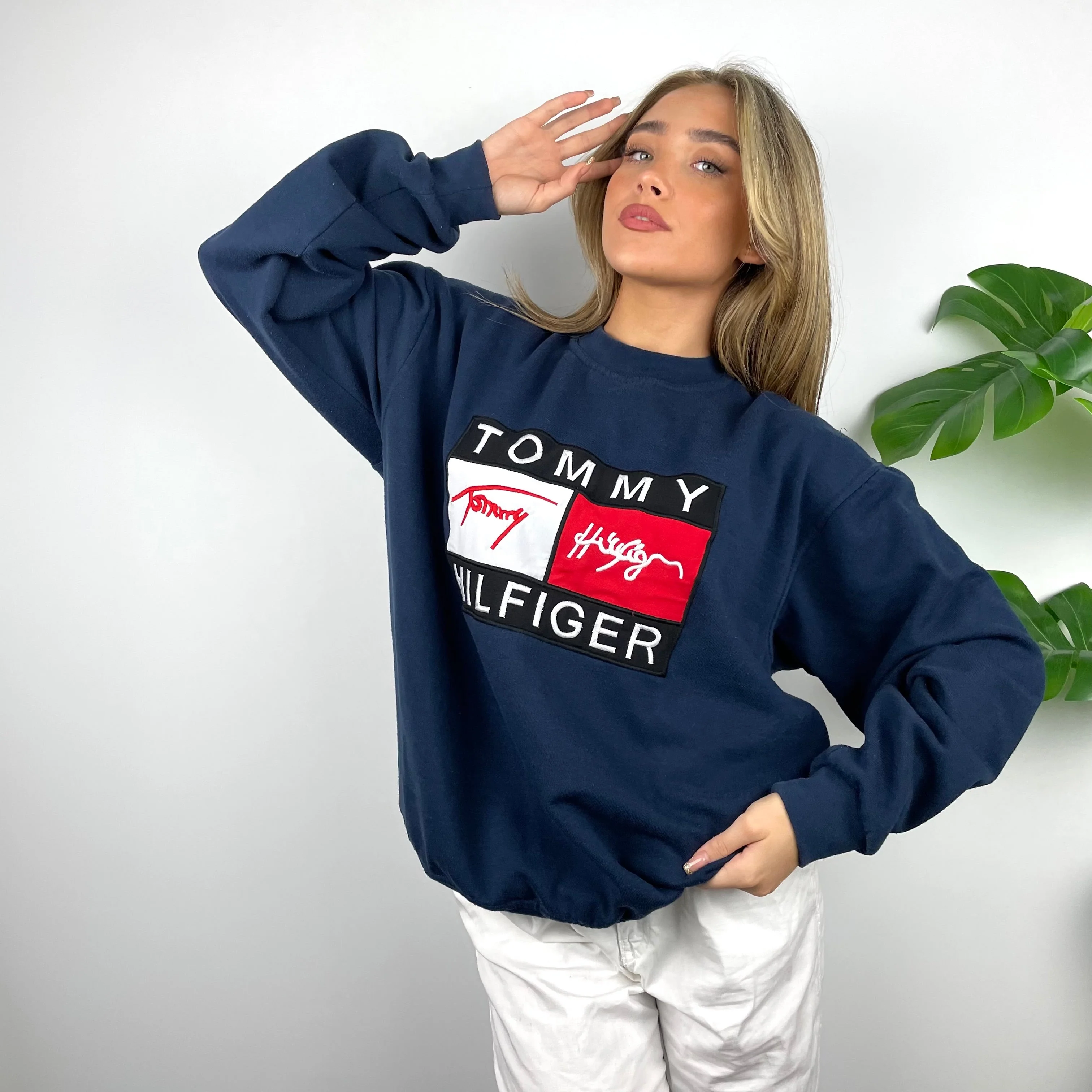 Tommy Hilfiger RARE Navy Embroidered Spell Out Sweatshirt as worn by Annalivia Hynds (XXL) - Image 3