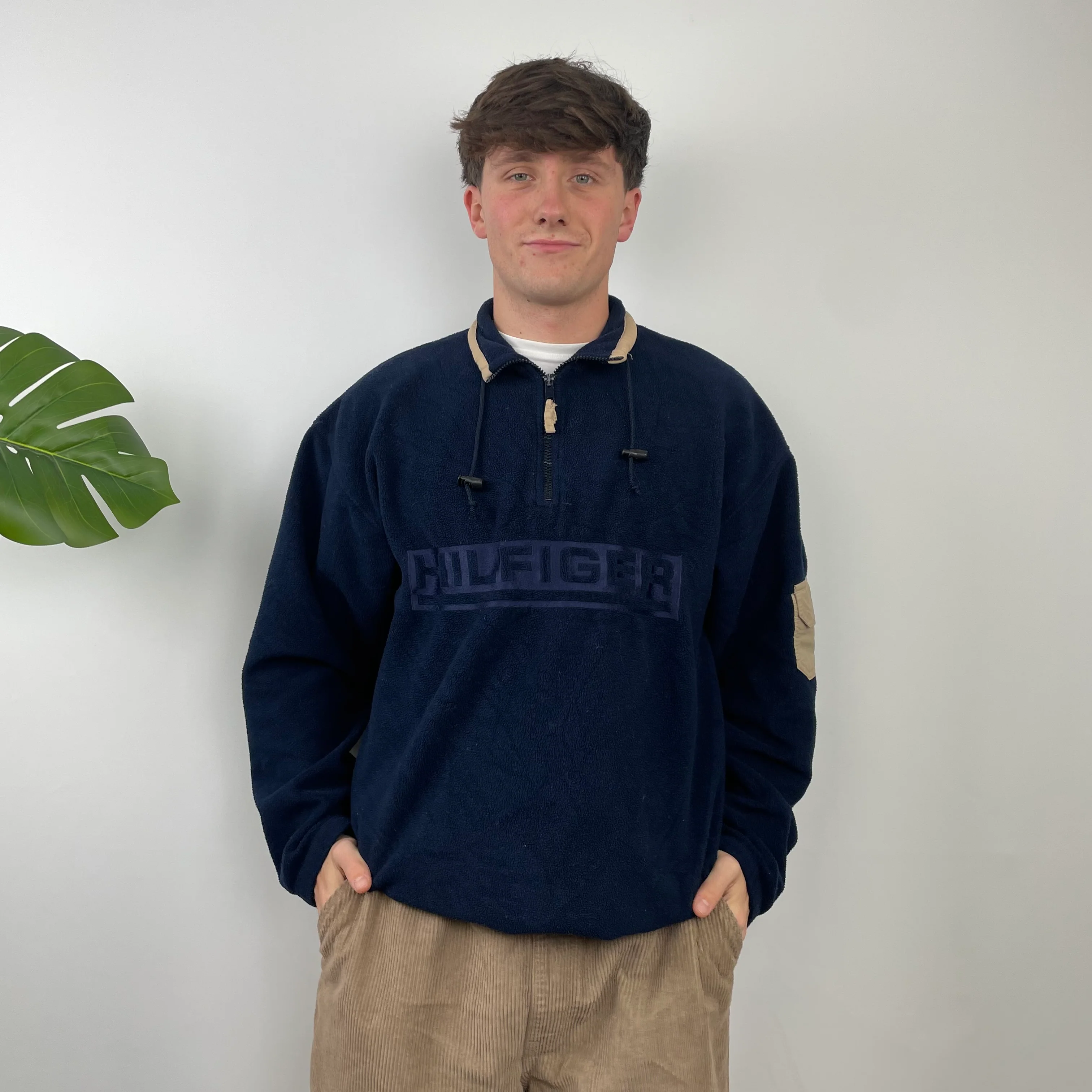 Tommy Hilfiger RARE Navy Embroidered Spell Out Teddy Bear Fleece Quarter Zip Sweatshirt (L)