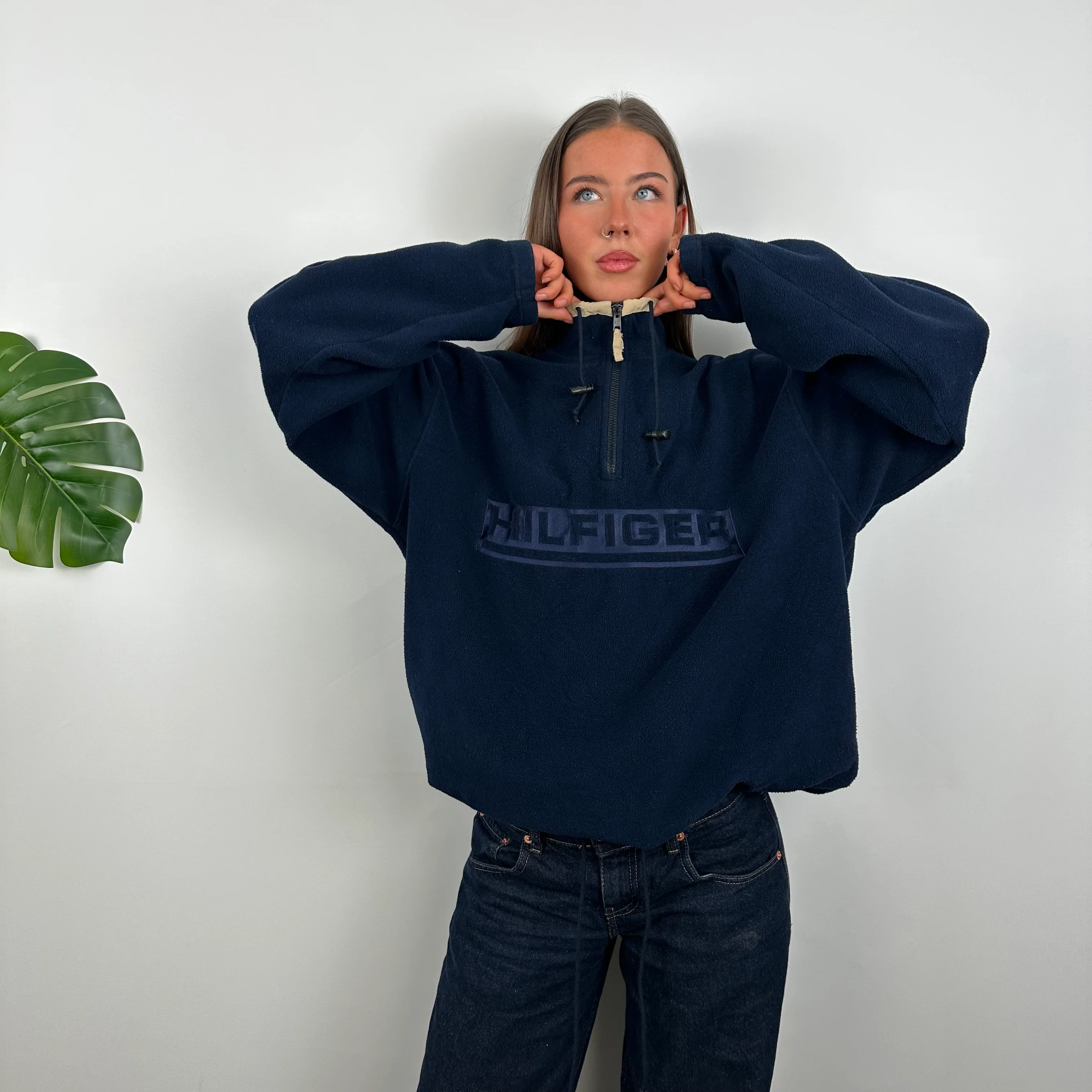 Tommy Hilfiger RARE Navy Embroidered Spell Out Teddy Bear Fleece Quarter Zip Sweatshirt (L)