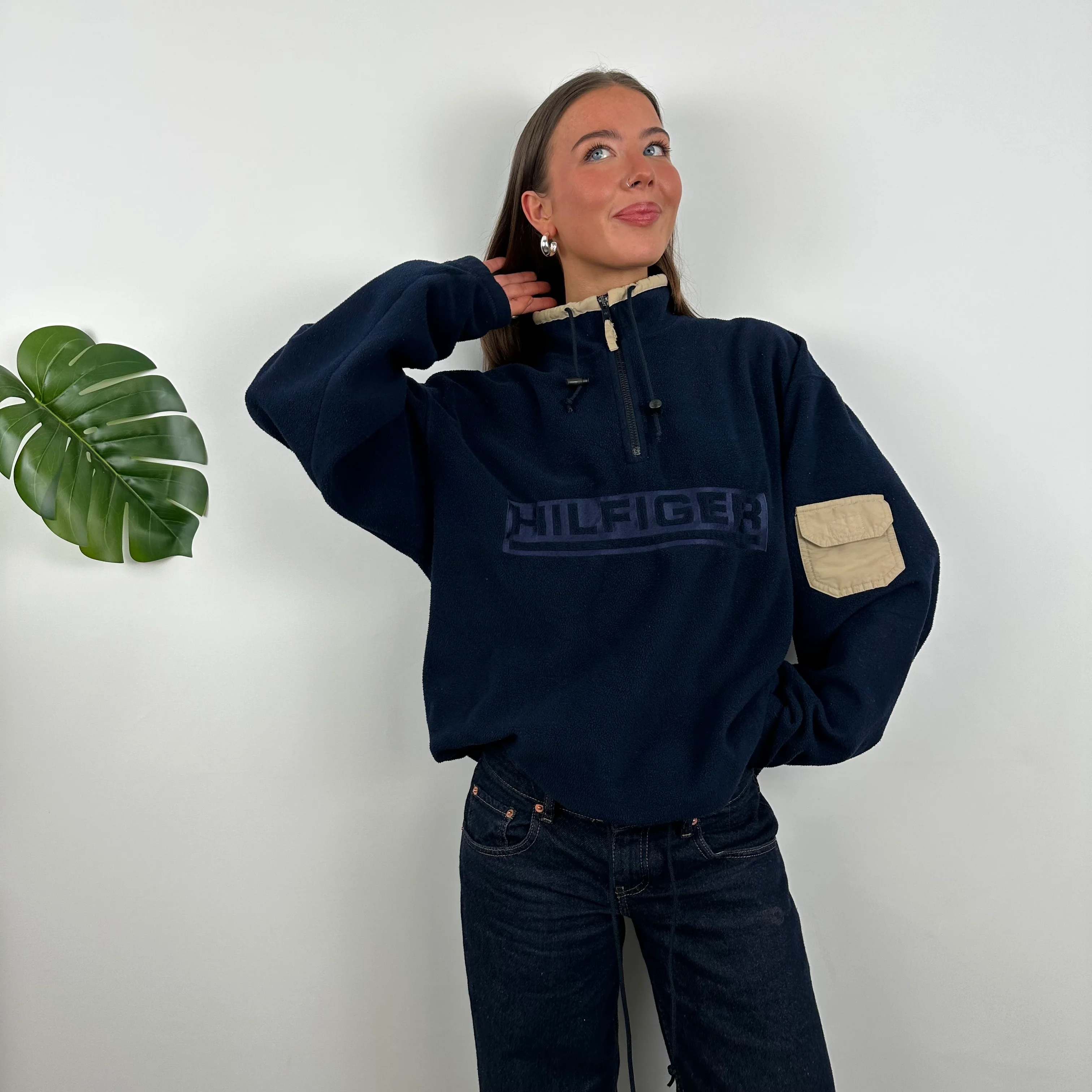 Tommy Hilfiger RARE Navy Embroidered Spell Out Teddy Bear Fleece Quarter Zip Sweatshirt (L) - Image 3