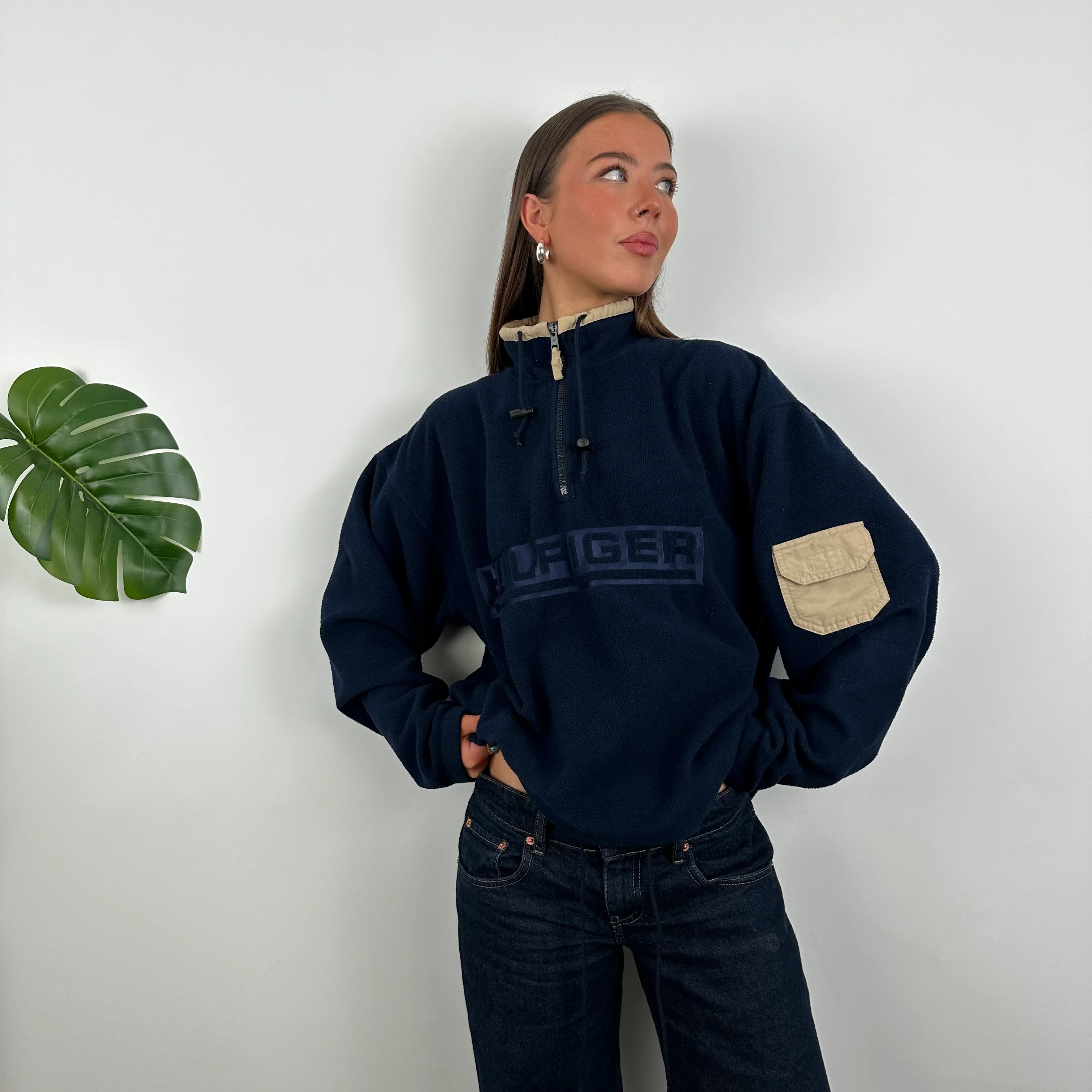 Tommy Hilfiger RARE Navy Embroidered Spell Out Teddy Bear Fleece Quarter Zip Sweatshirt (L) - Image 4