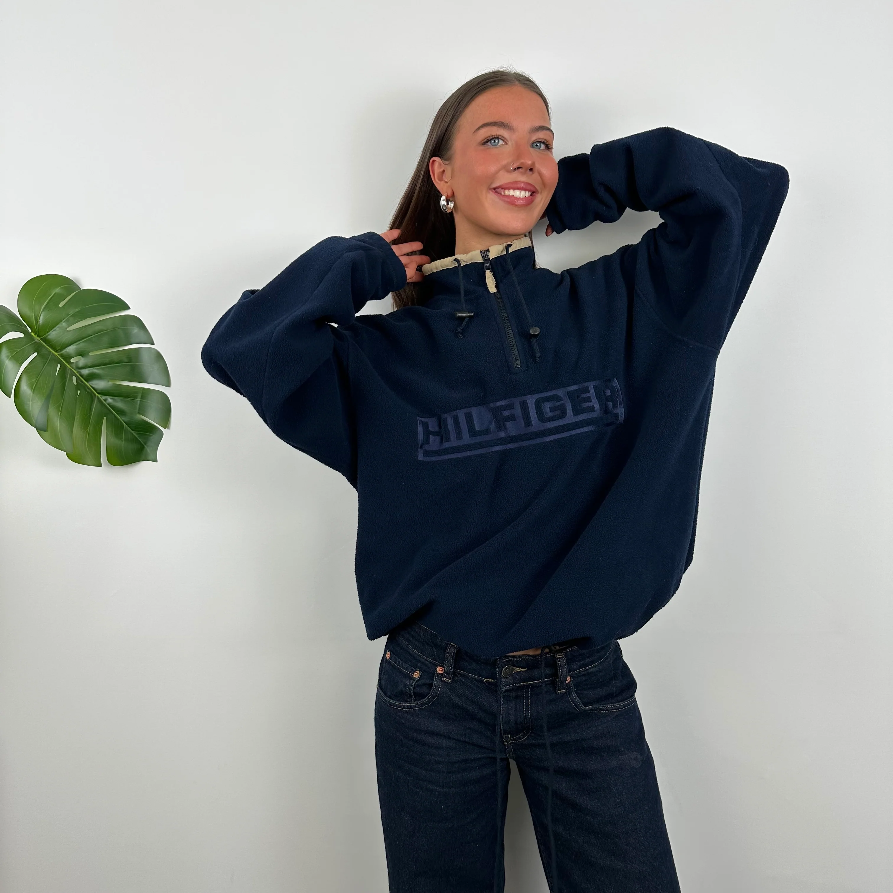 Tommy Hilfiger RARE Navy Embroidered Spell Out Teddy Bear Fleece Quarter Zip Sweatshirt (L) - Image 5