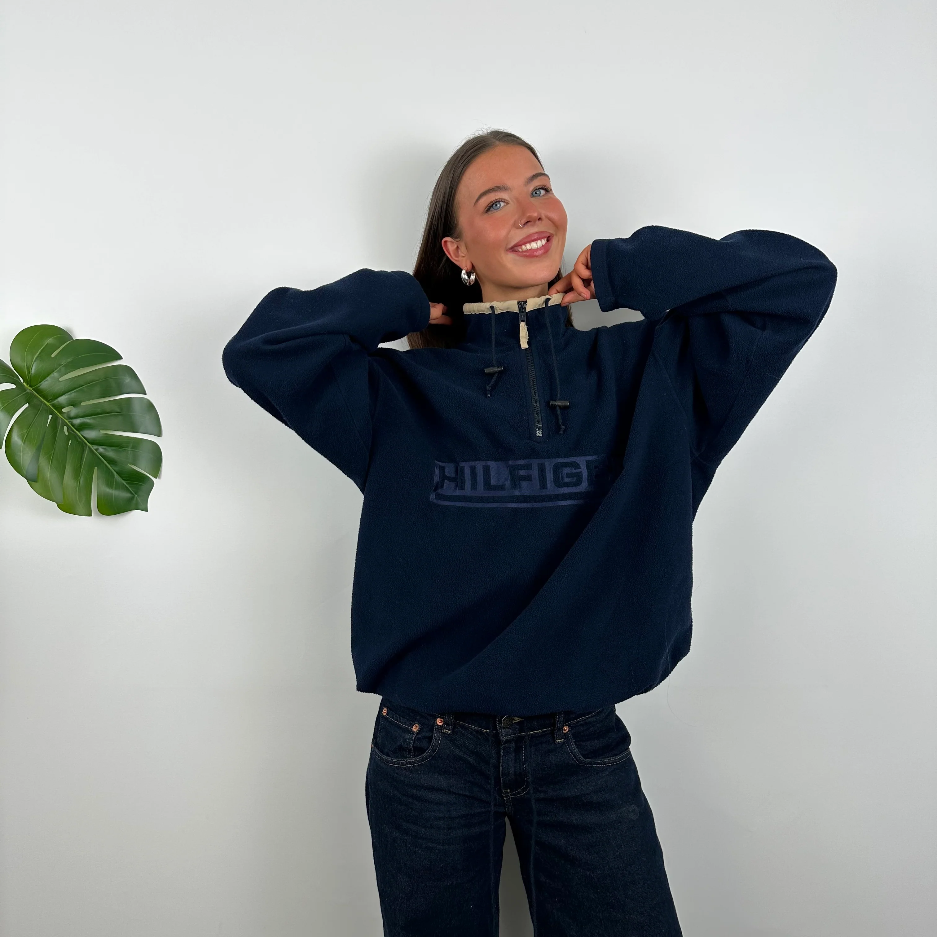 Tommy Hilfiger RARE Navy Embroidered Spell Out Teddy Bear Fleece Quarter Zip Sweatshirt (L) - Image 7