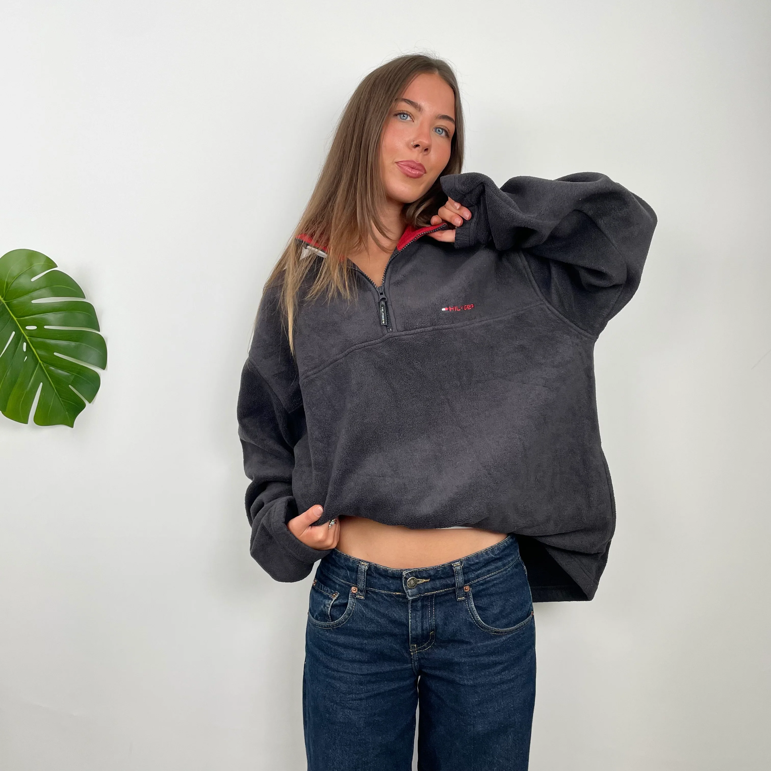 Tommy Hilfiger RARE Navy Embroidered Spell Out Teddy Bear Fleece Quarter Zip Sweatshirt (L) - Image 6
