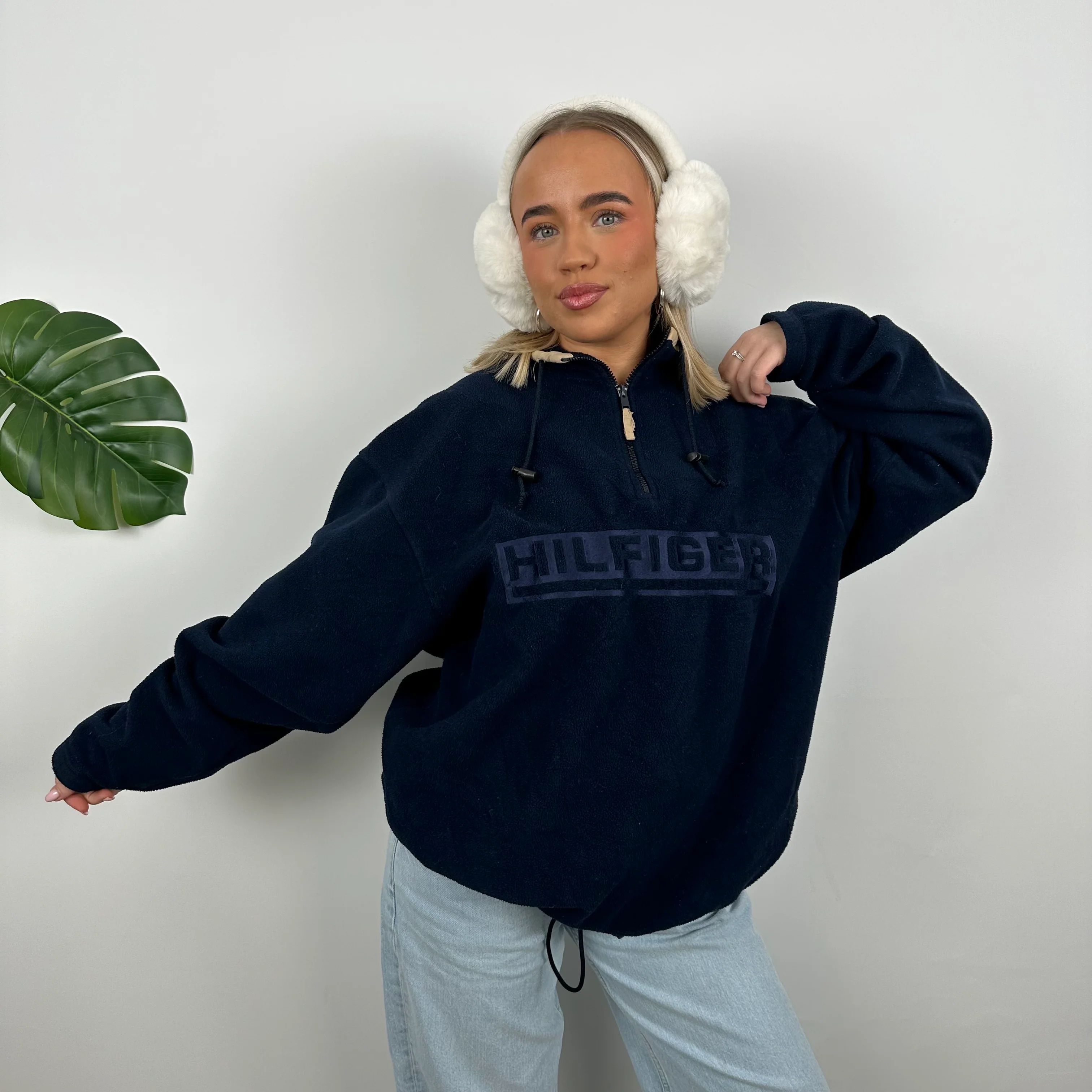 Tommy Hilfiger RARE Navy Embroidered Spell Out Teddy Bear Fleece Quarter Zip Sweatshirt (L) - Image 4