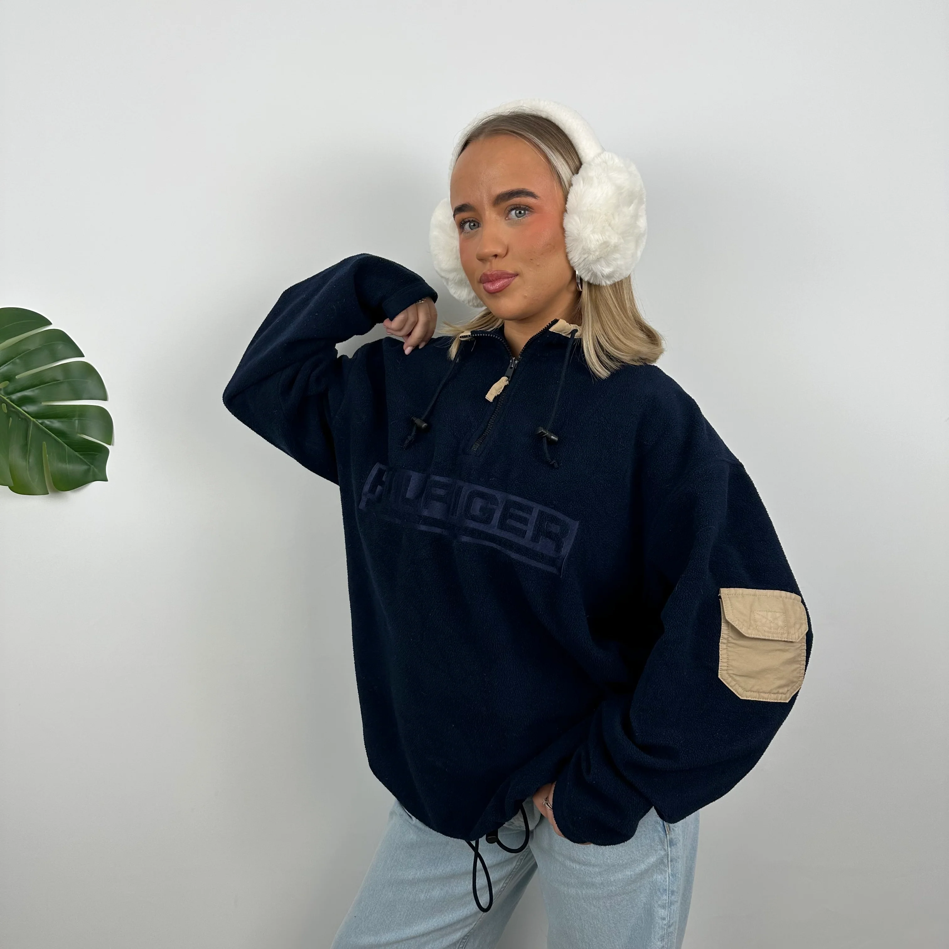 Tommy Hilfiger RARE Navy Embroidered Spell Out Teddy Bear Fleece Quarter Zip Sweatshirt (L) - Image 5