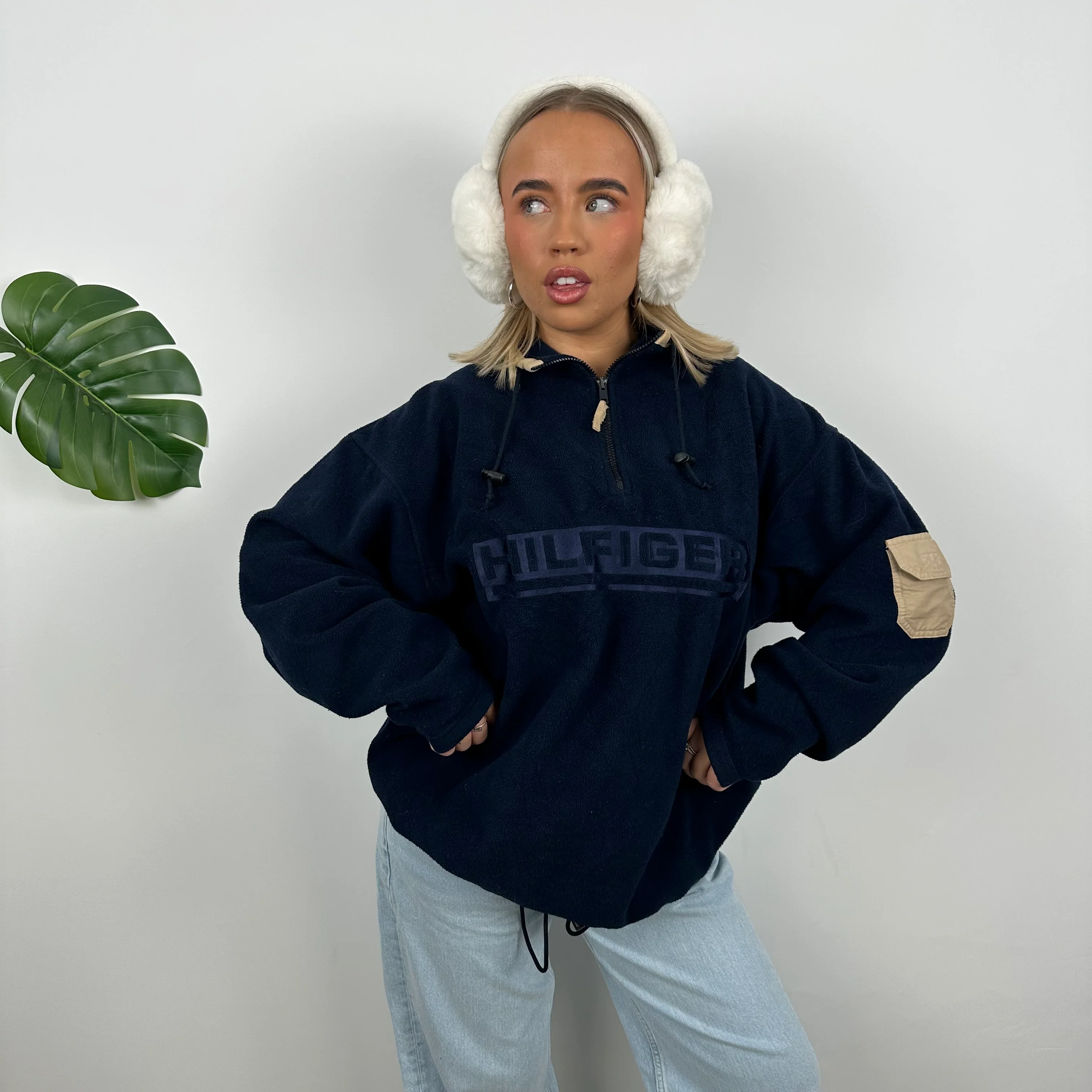Tommy Hilfiger RARE Navy Embroidered Spell Out Teddy Bear Fleece Quarter Zip Sweatshirt (L) - Image 6