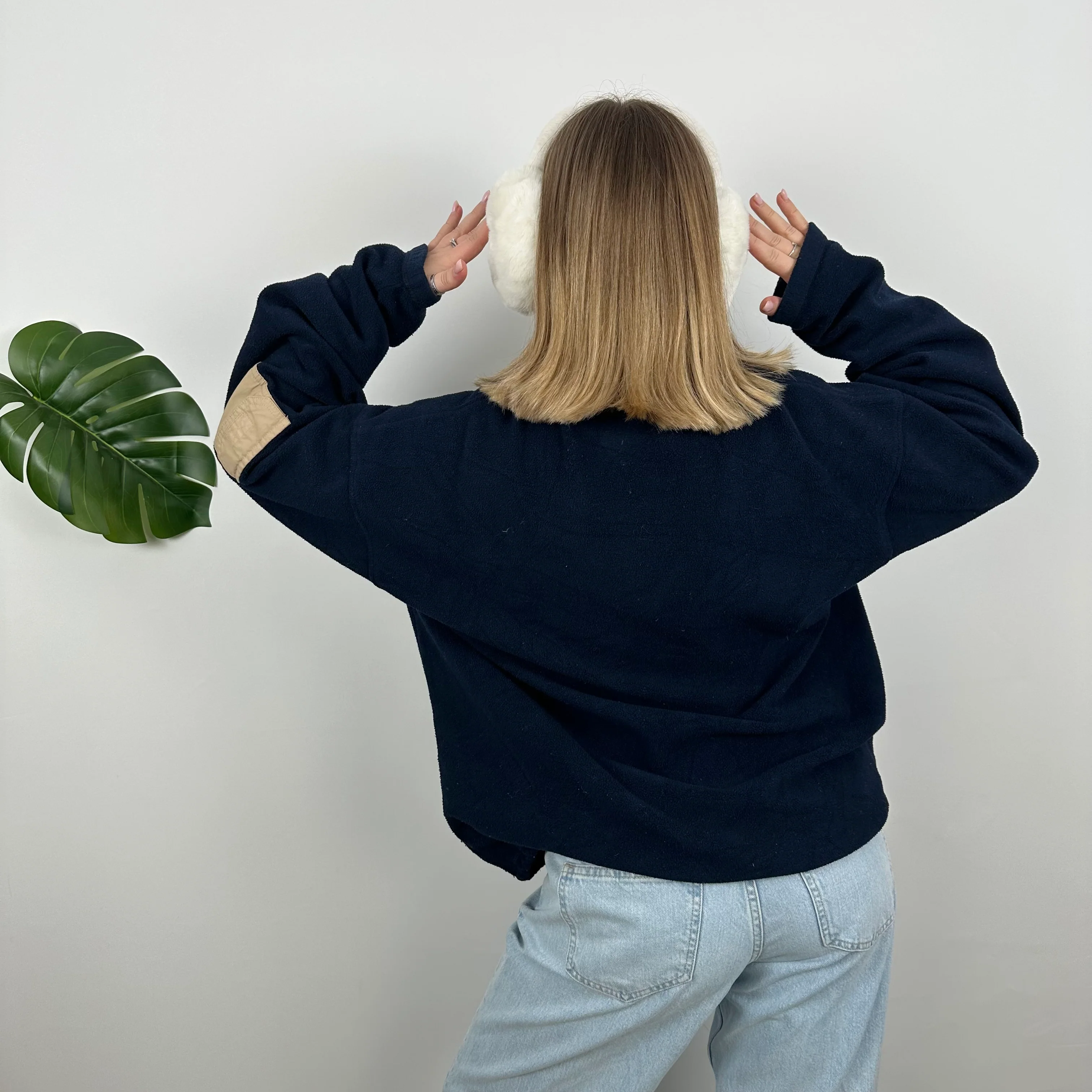 Tommy Hilfiger RARE Navy Embroidered Spell Out Teddy Bear Fleece Quarter Zip Sweatshirt (L) - Image 7