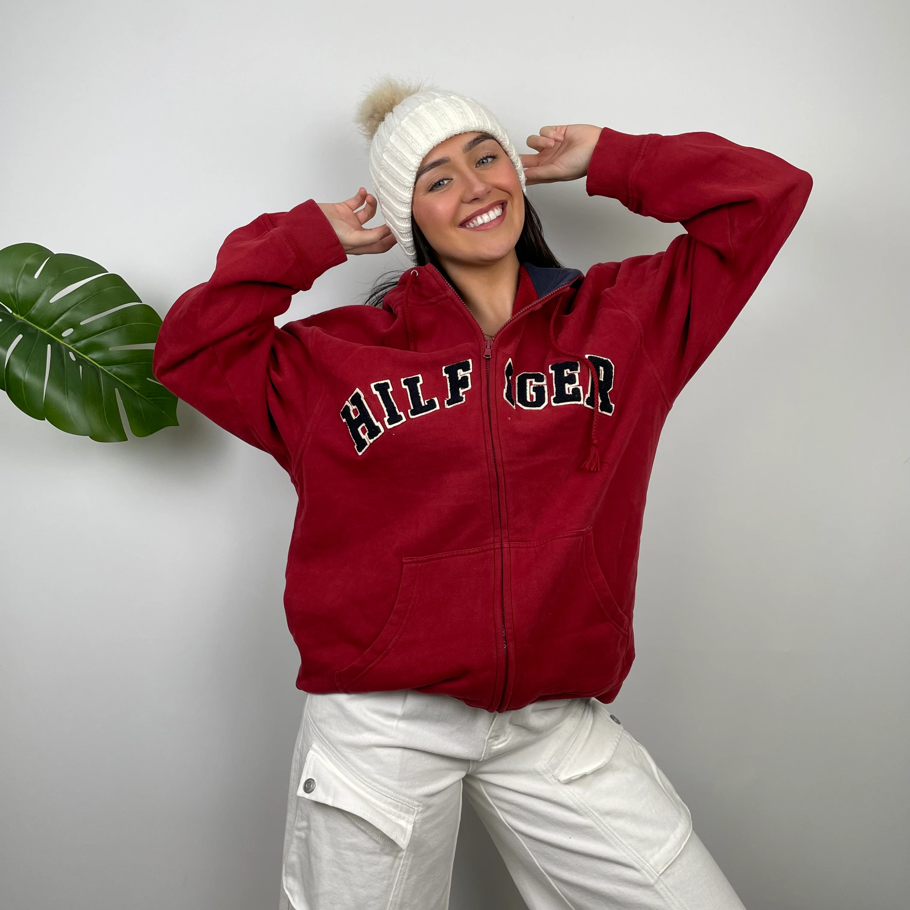Tommy Hilfiger RARE Red Embroidered Spell Out Zip Up Hoodie (L) - Image 2