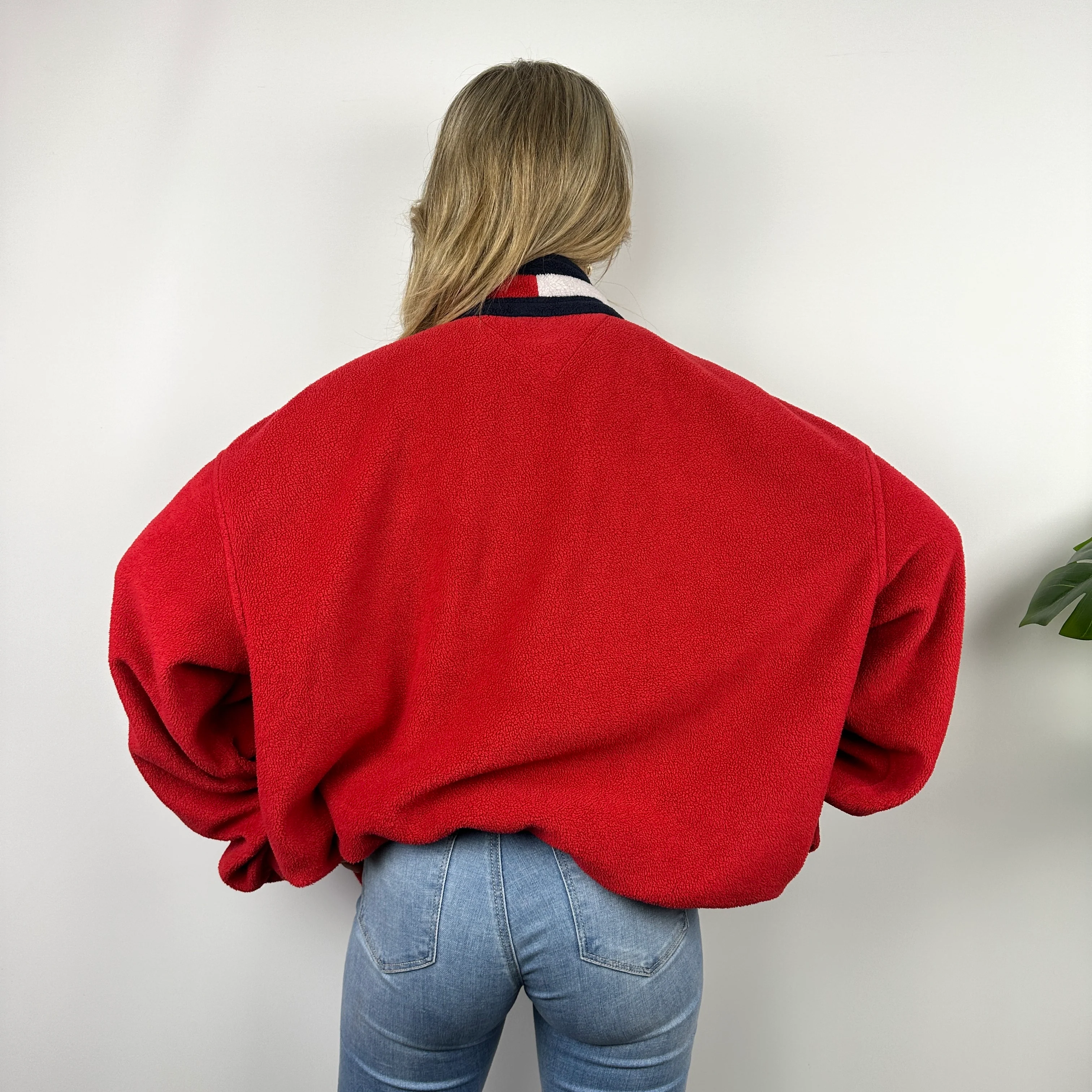 Tommy Hilfiger Red Embroidered Spell Out Teddy Bear Fleece Quarter Zip Sweatshirt (XXL) - Image 4
