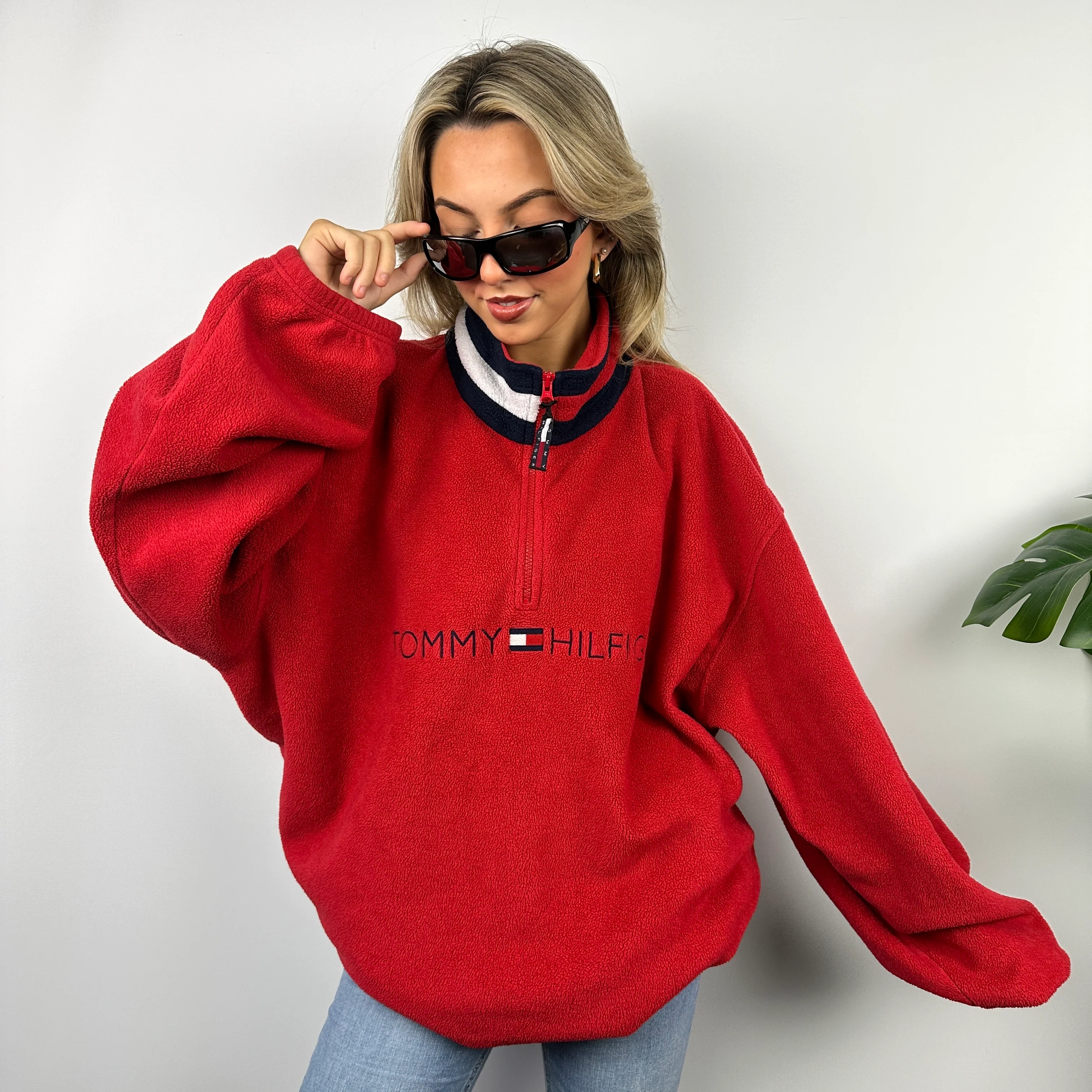Tommy Hilfiger Red Embroidered Spell Out Teddy Bear Fleece Quarter Zip Sweatshirt (XXL) - Image 5