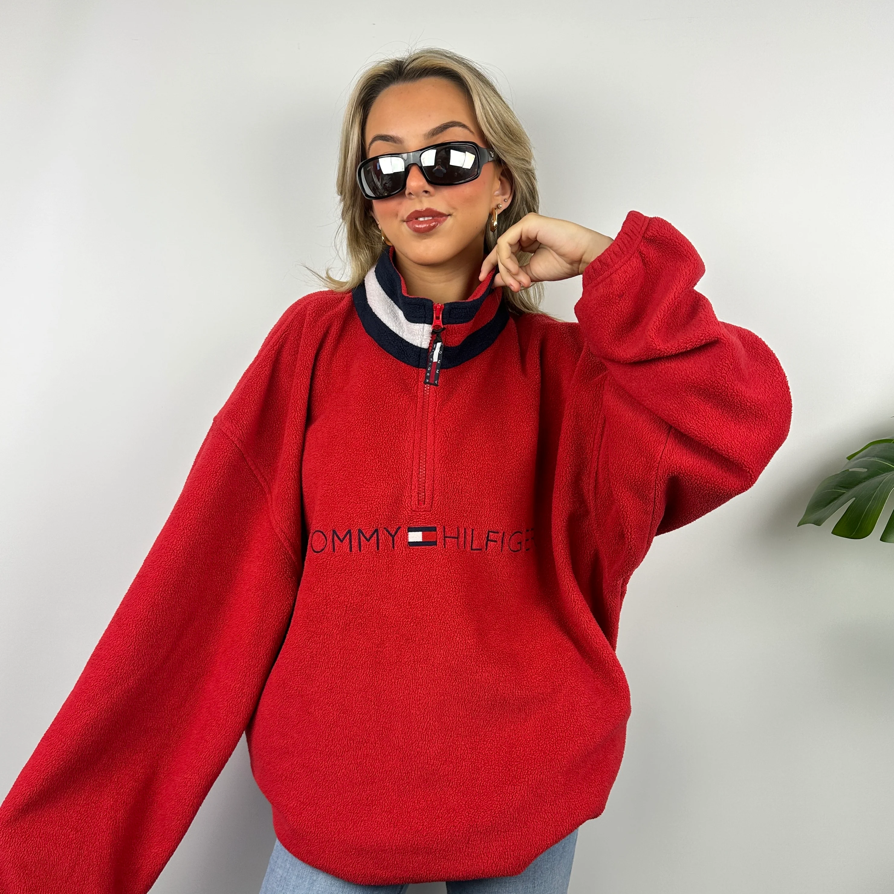 Tommy Hilfiger Red Embroidered Spell Out Teddy Bear Fleece Quarter Zip Sweatshirt (XXL) - Image 6