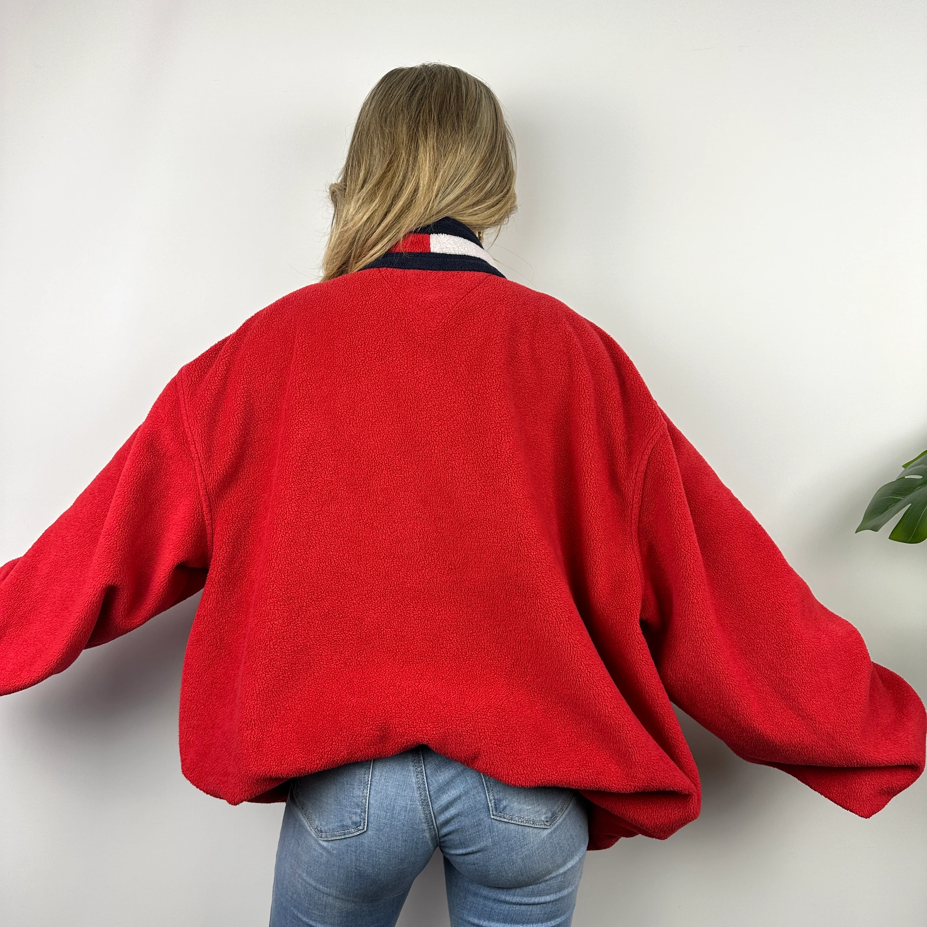 Tommy Hilfiger Red Embroidered Spell Out Teddy Bear Fleece Quarter Zip Sweatshirt (XXL) - Image 7