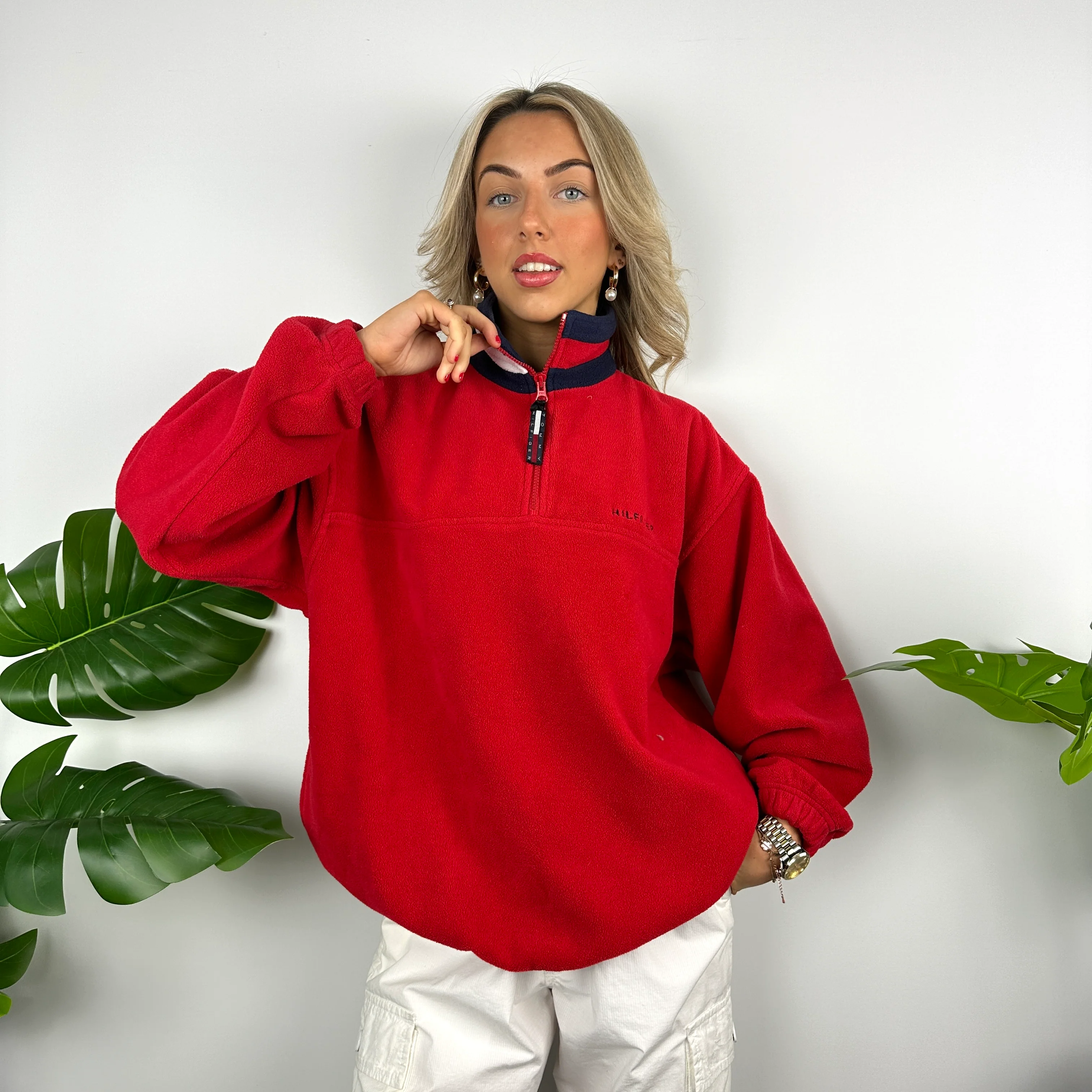 Tommy Hilfiger Red Embroidered Spell Out Teddy Bear Fleece Quarter Zip Sweatshirt (L) - Image 2