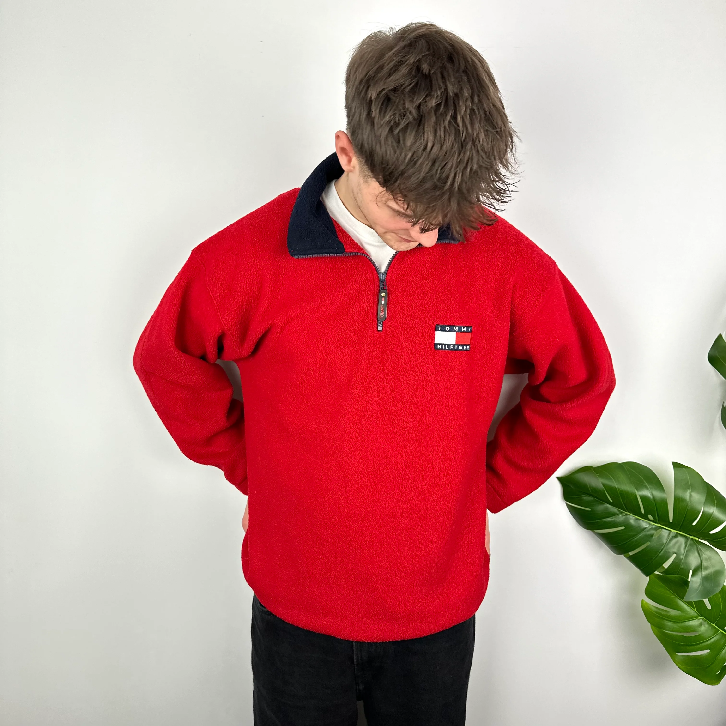 Tommy Hilfiger Red Embroidered Spell Out Teddy Bear Fleece Quarter Zip Sweatshirt (XL) - Image 2
