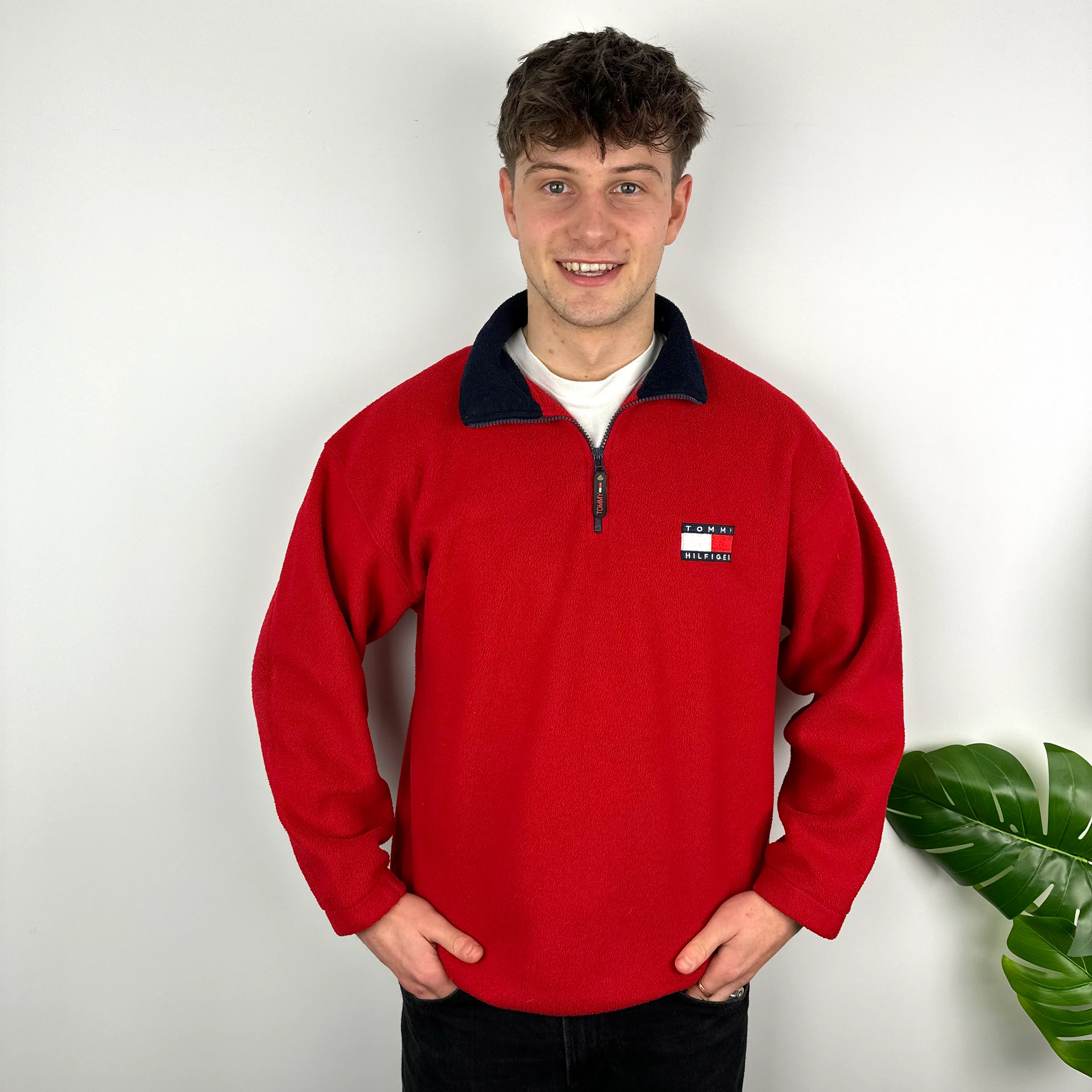 Tommy Hilfiger Red Embroidered Spell Out Teddy Bear Fleece Quarter Zip Sweatshirt (XL) - Image 3