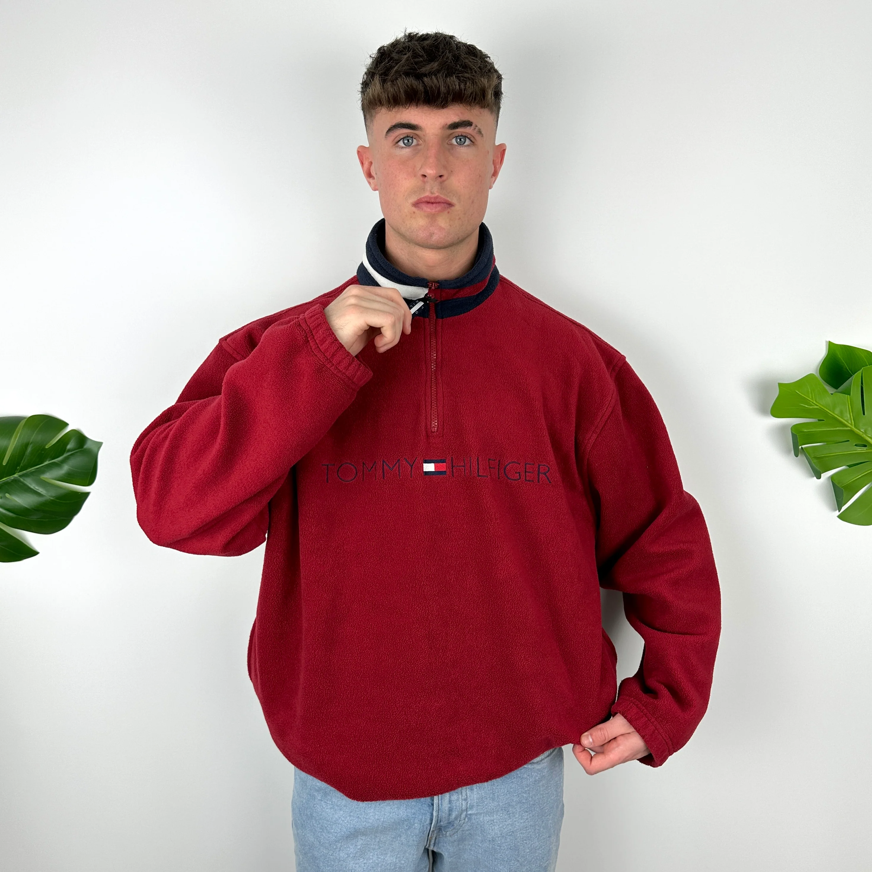 Tommy Hilfiger Red Embroidered Spell Out Teddy Bear Fleece Quarter Zip Sweatshirt (XL) - Image 2