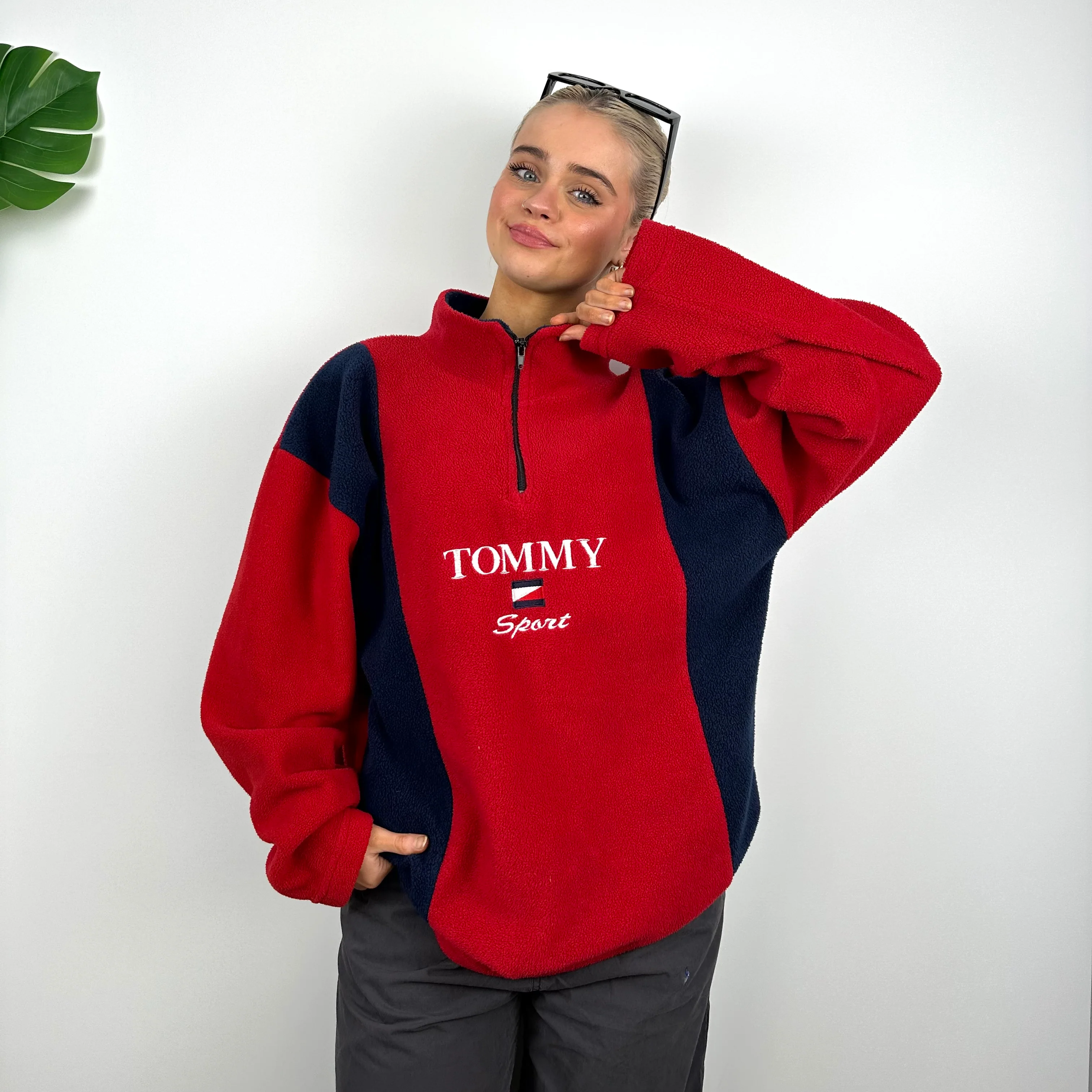 Tommy Hilfiger Red Embroidered Spell Out Teddy Bear Fleece Quarter Zip Sweatshirt (M) - Image 2