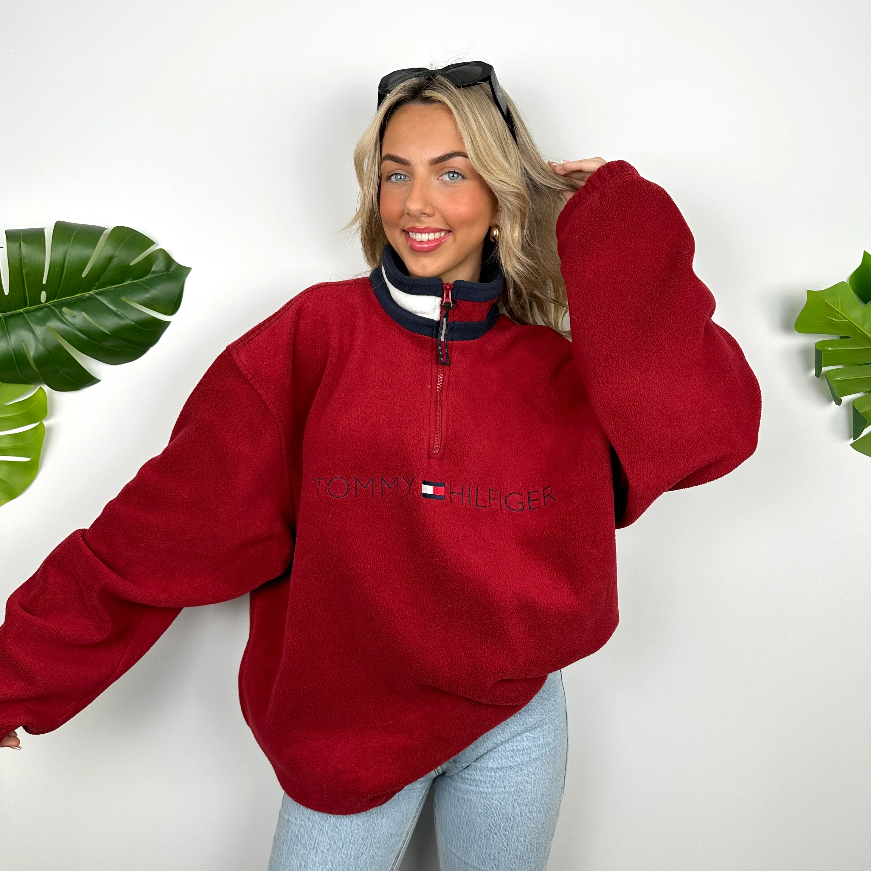 Tommy Hilfiger Red Embroidered Spell Out Teddy Bear Fleece Quarter Zip Sweatshirt (XL)