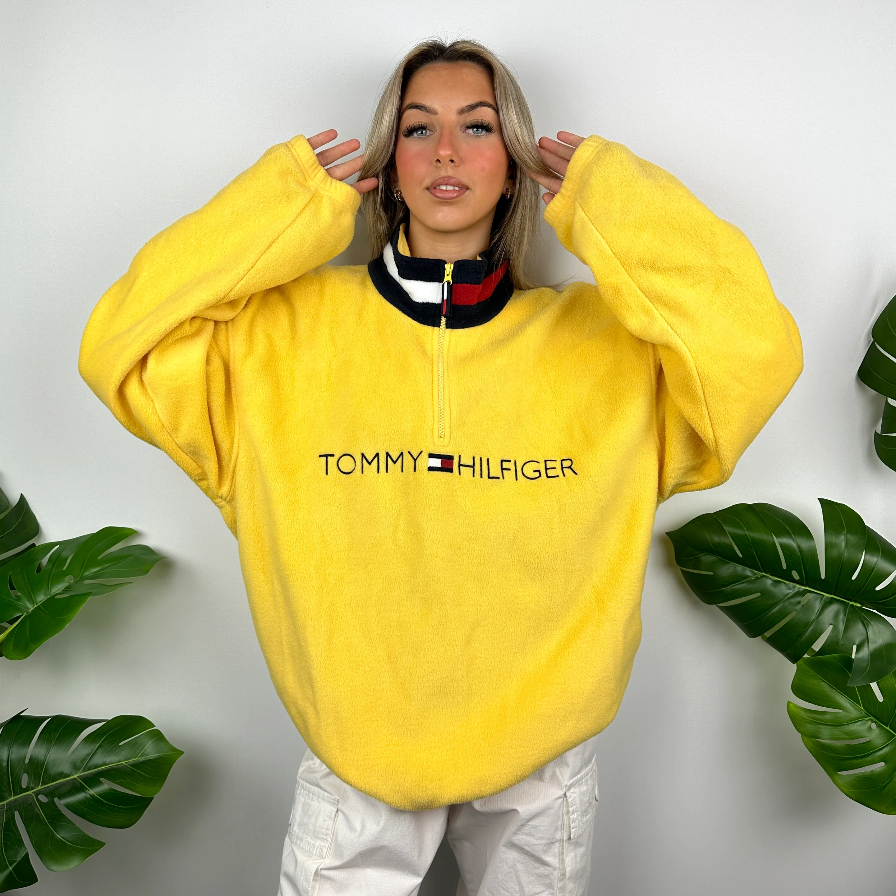Tommy Hilfiger Yellow Embroidered Spell Out Teddy Bear Fleece Quarter Zip Sweatshirt (L)