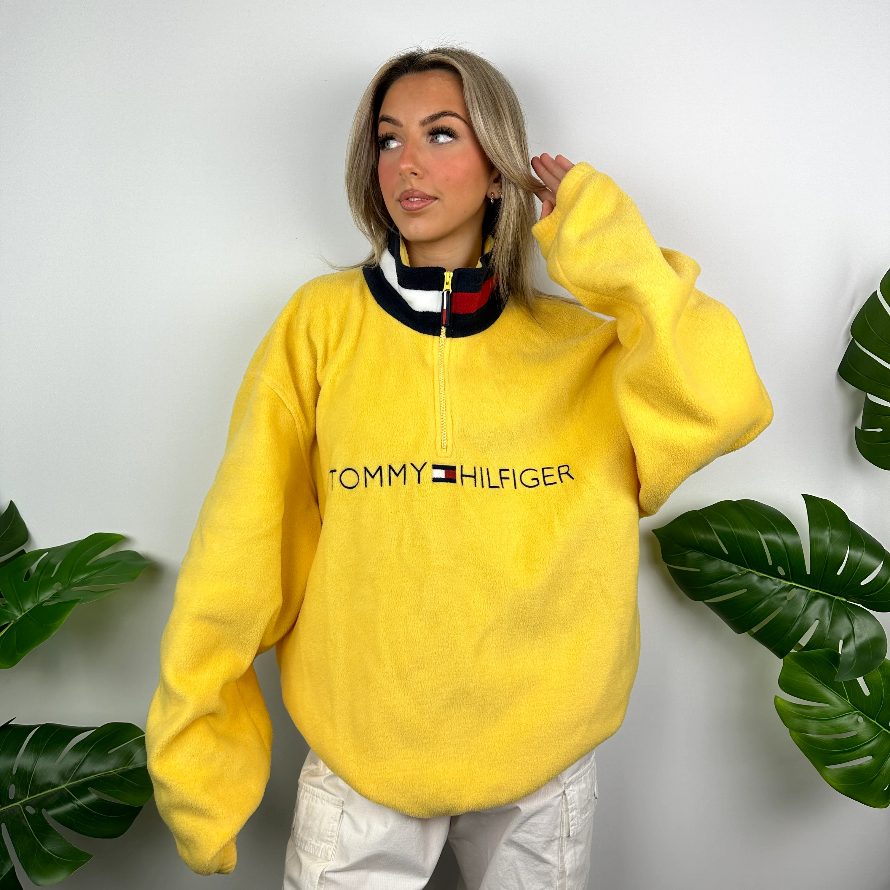 Tommy Hilfiger Yellow Embroidered Spell Out Teddy Bear Fleece Quarter Zip Sweatshirt (L) - Image 5
