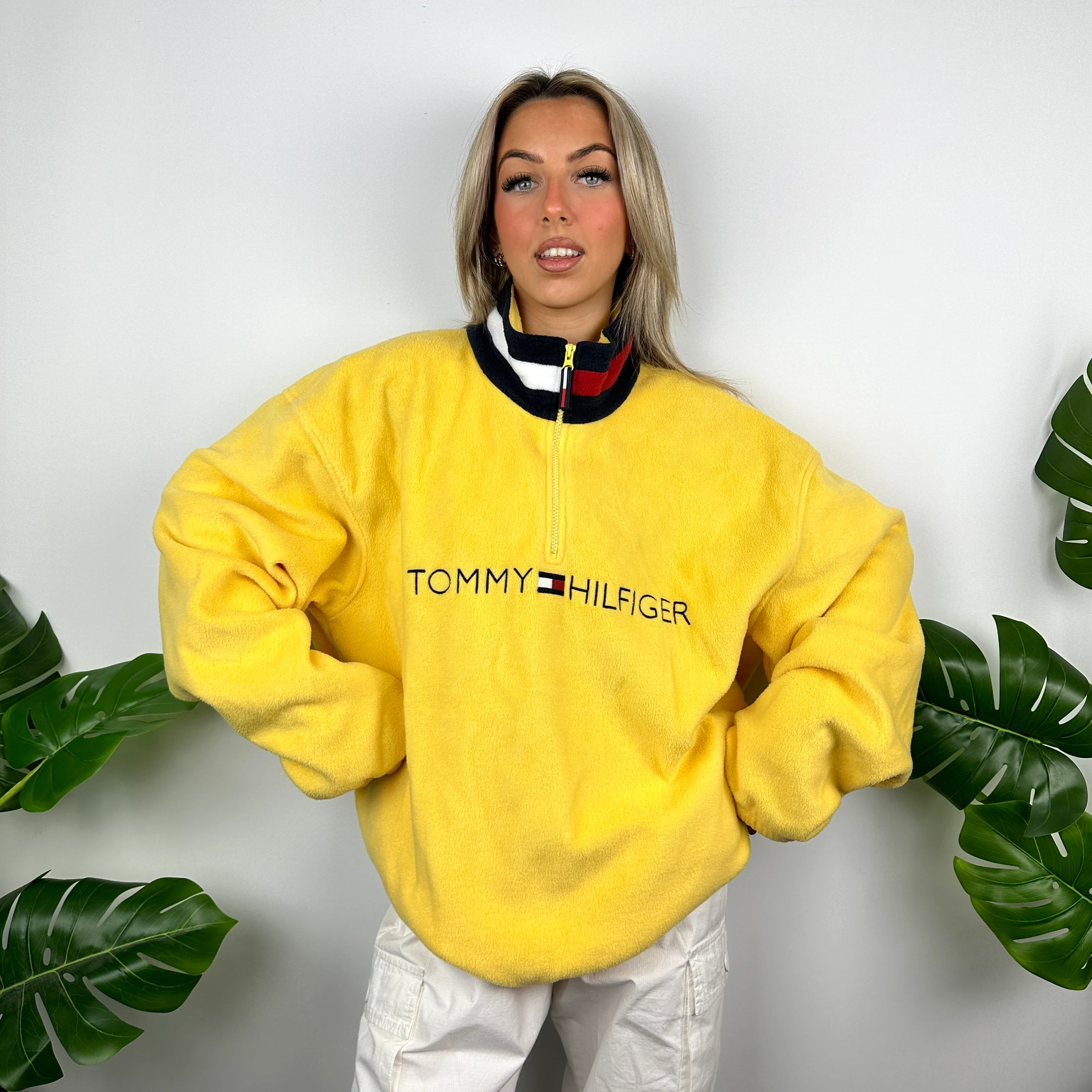 Tommy Hilfiger Yellow Embroidered Spell Out Teddy Bear Fleece Quarter Zip Sweatshirt (L) - Image 6