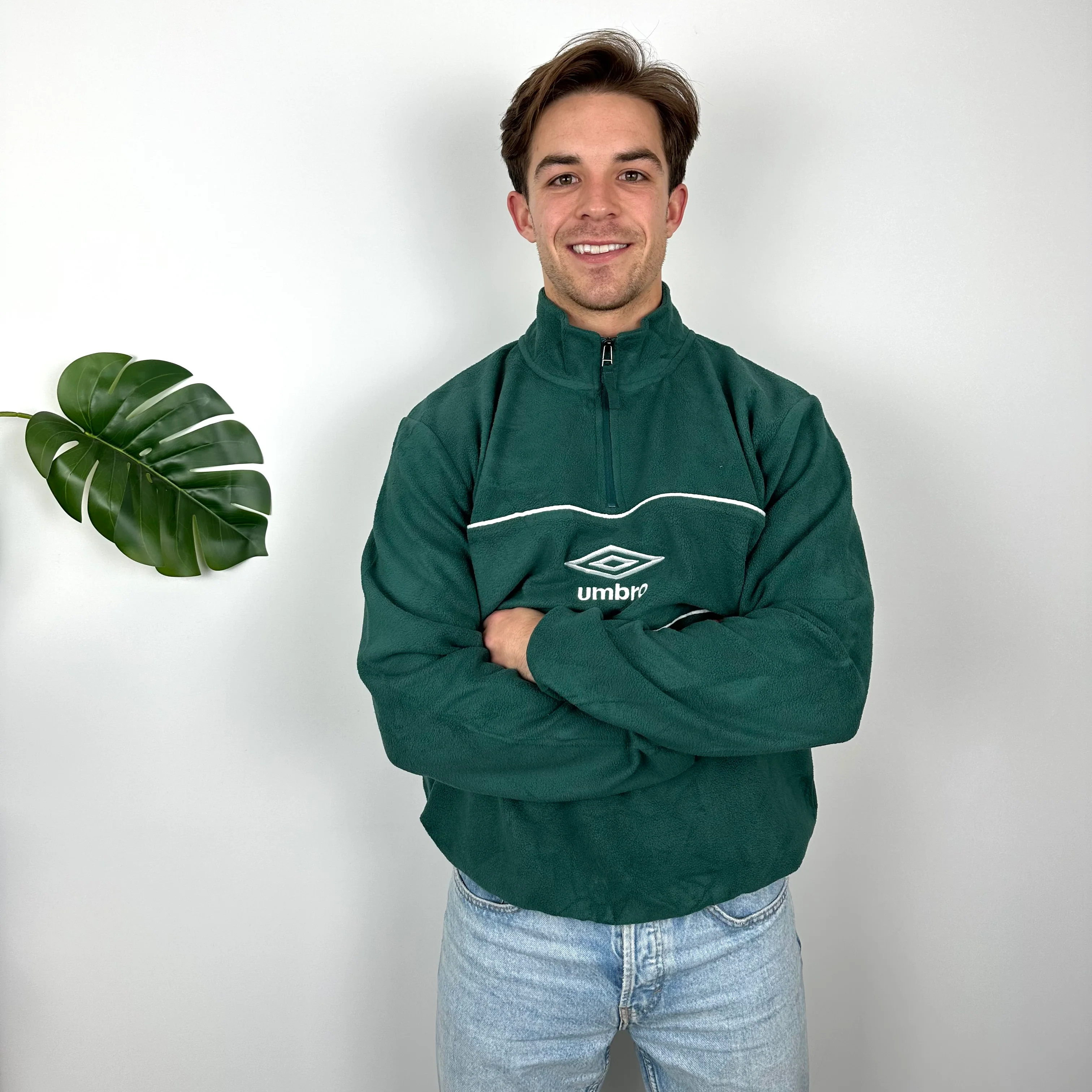 Umbro Green Embroidered Spell Out Teddy Bear Fleece Quarter Zip Sweatshirt (L) - Image 2