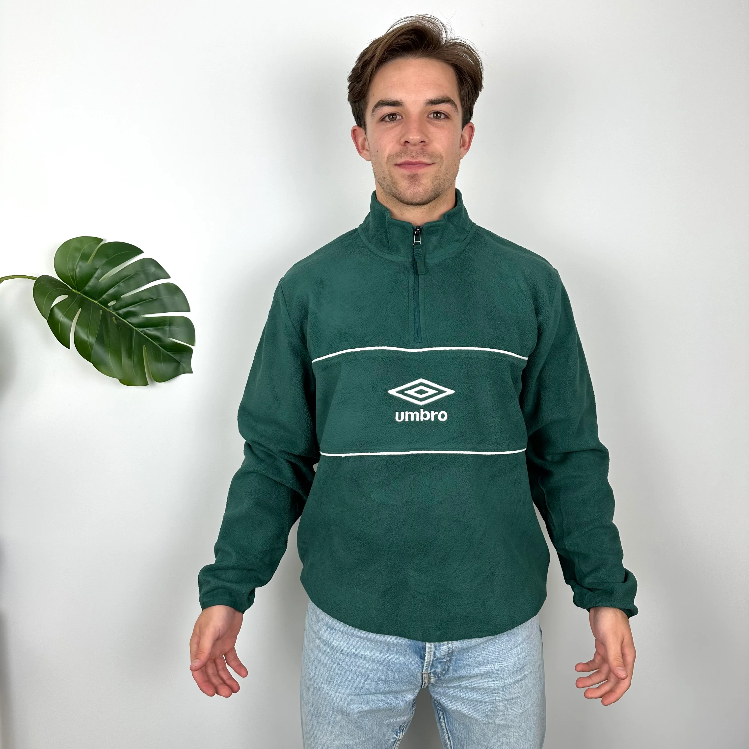Umbro Green Embroidered Spell Out Teddy Bear Fleece Quarter Zip Sweatshirt (L) - Image 3