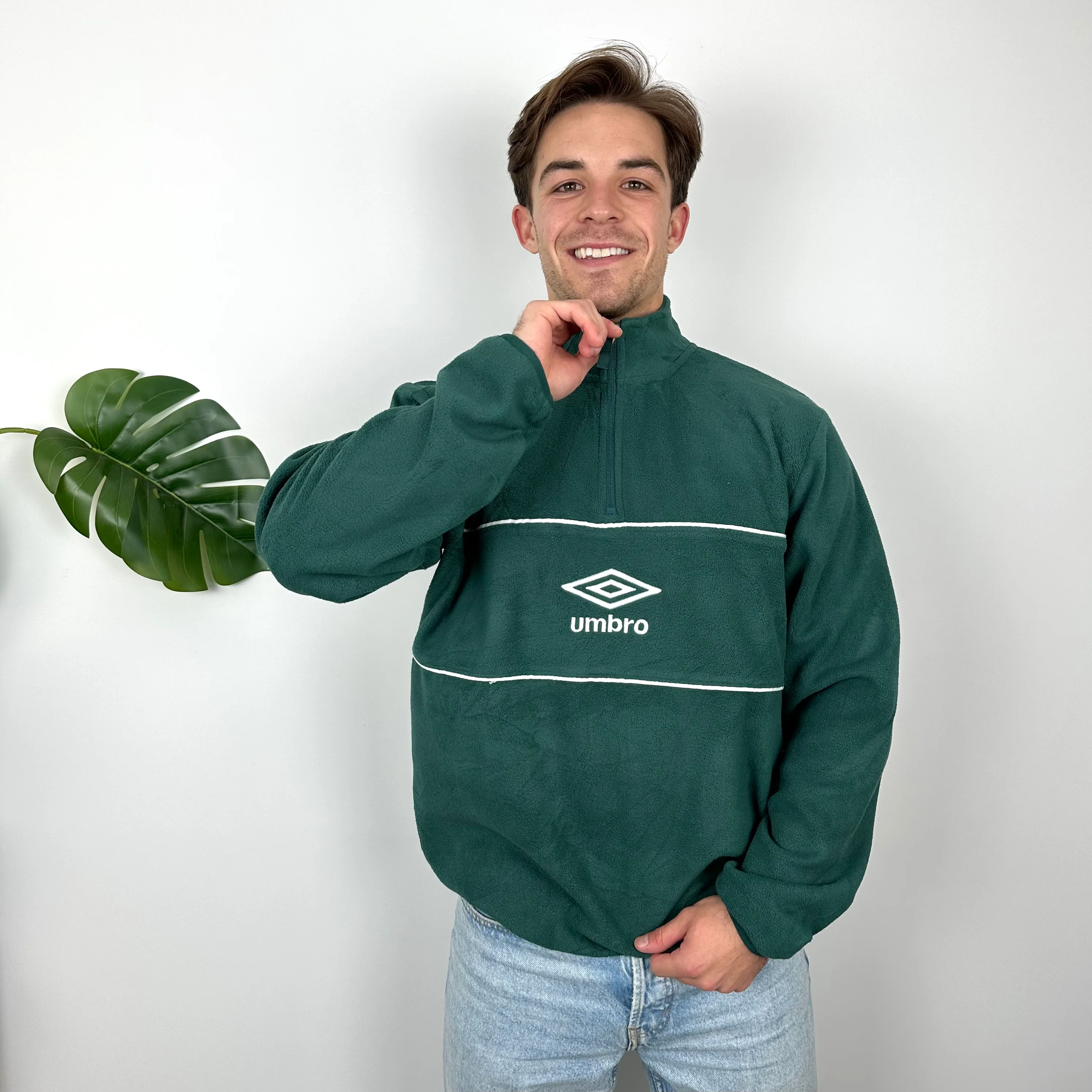Umbro Green Embroidered Spell Out Teddy Bear Fleece Quarter Zip Sweatshirt (L) - Image 5
