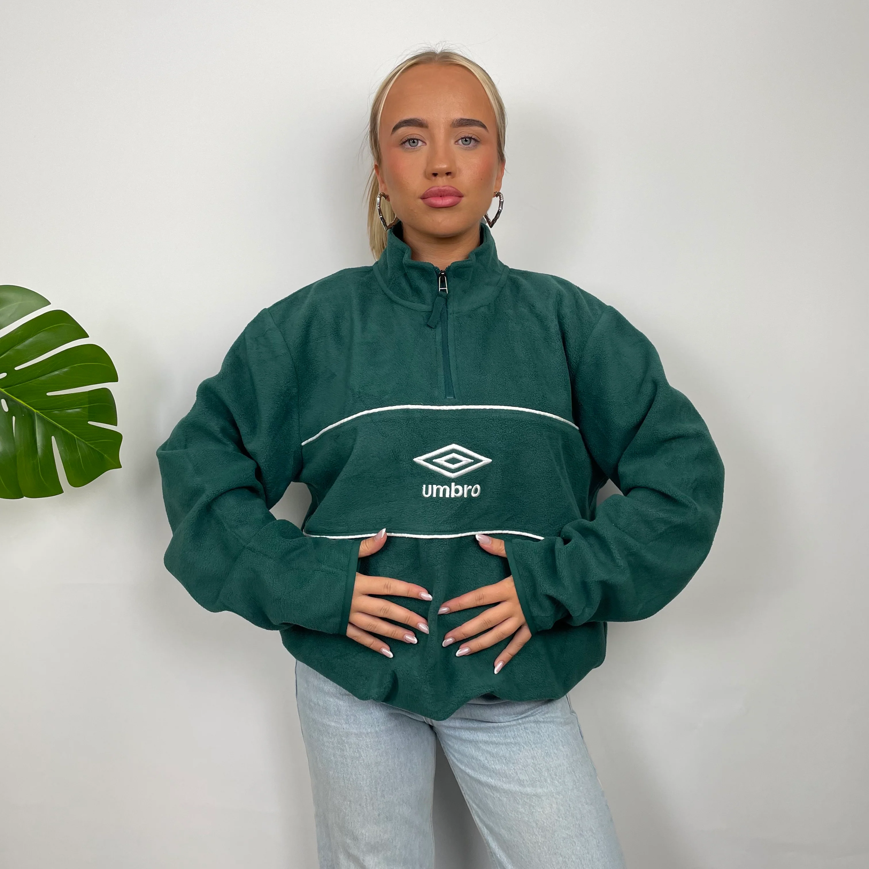 Umbro Green Embroidered Spell Out Teddy Bear Fleece Quarter Zip Sweatshirt (L) - Image 2