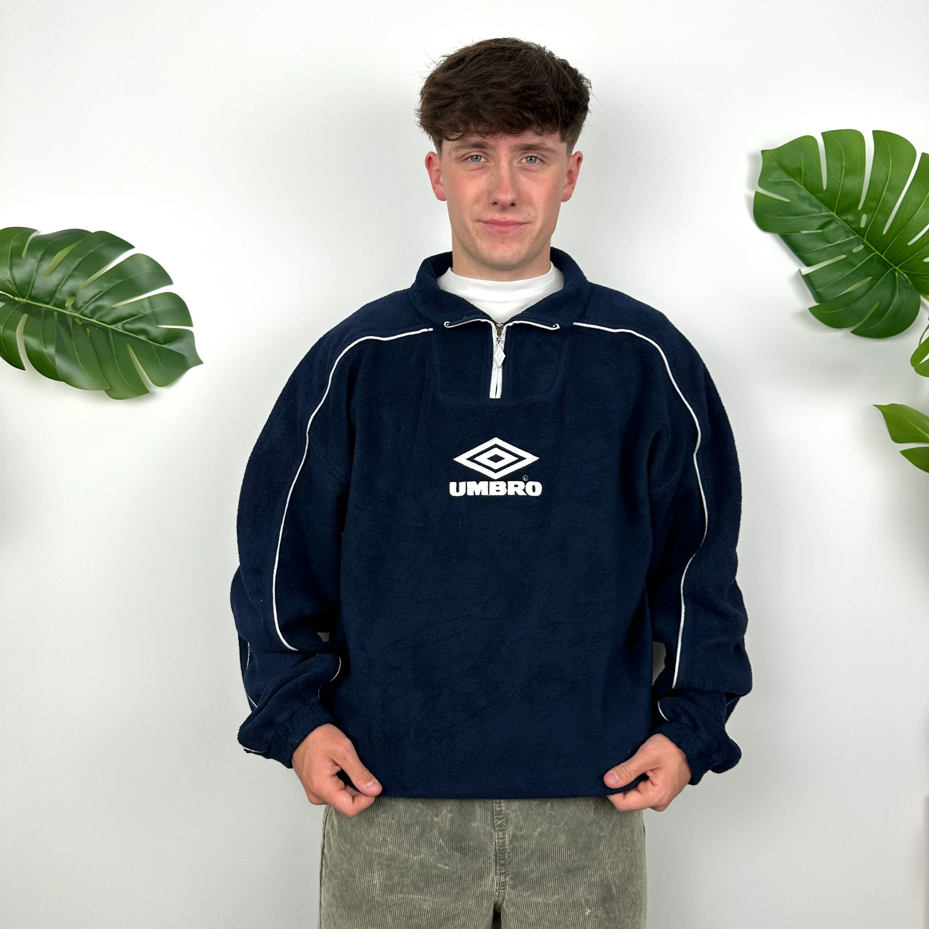 Umbro Navy Embroidered Spell Out Teddy Bear Fleece Quarter Zip Sweatshirt (L) - Image 4