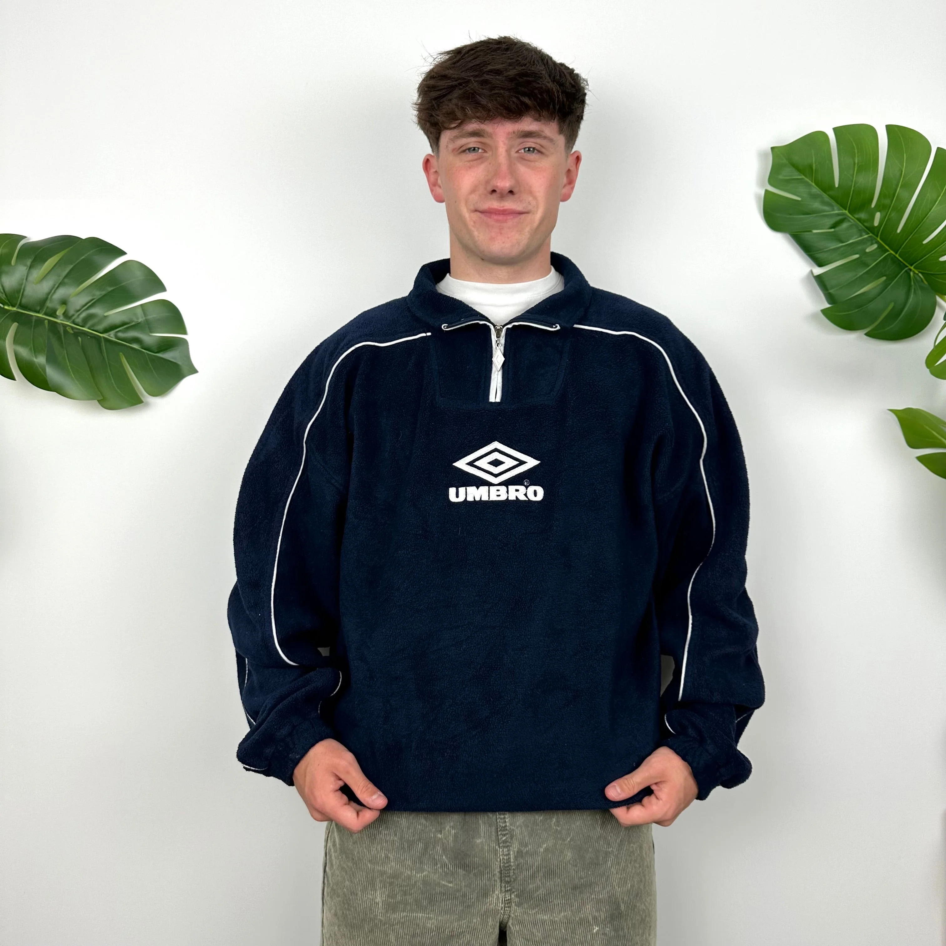 Umbro Navy Embroidered Spell Out Teddy Bear Fleece Quarter Zip Sweatshirt (L) - Image 5