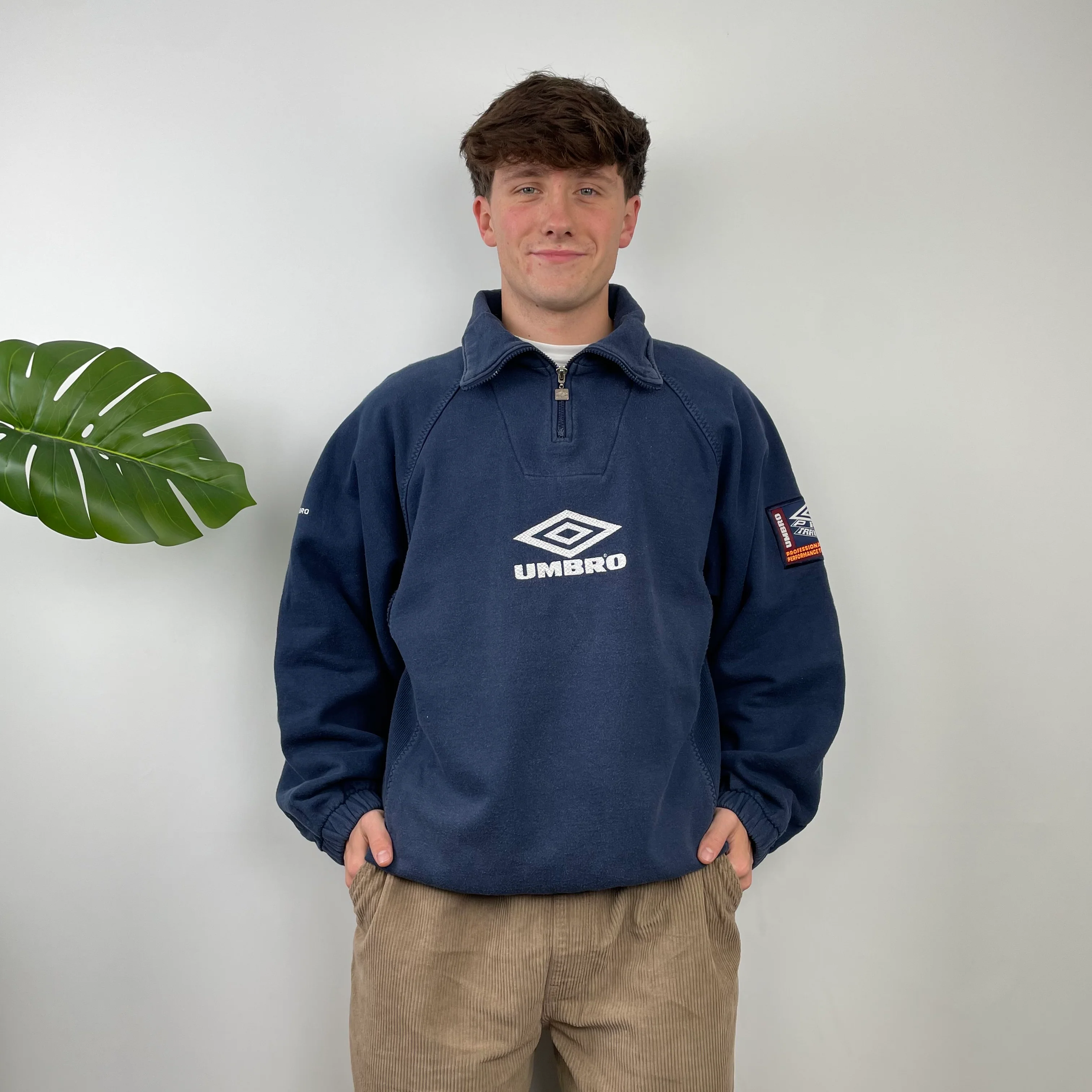 Umbro RARE Navy Embroidered Spell Out Quarter Zip Sweatshirt (L)