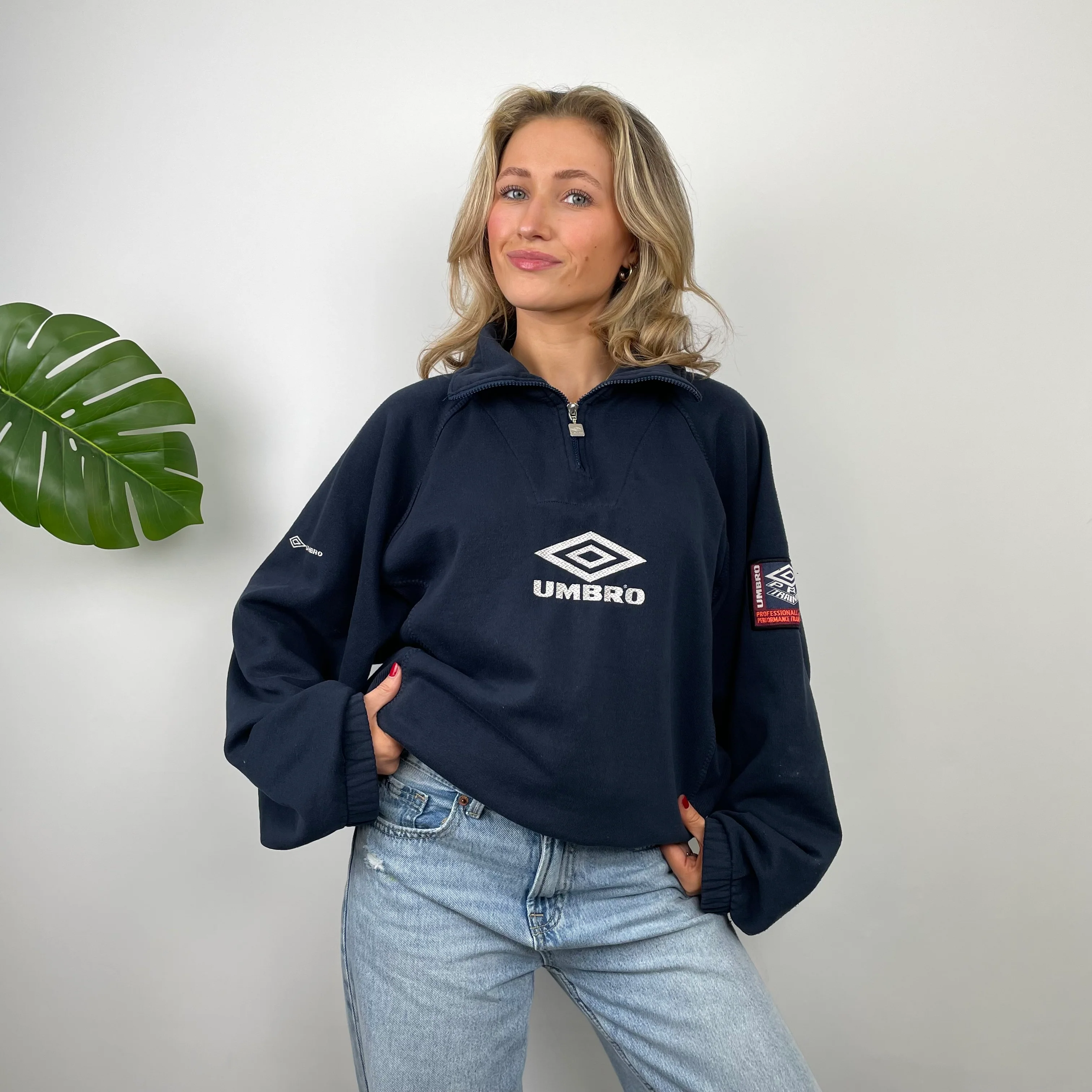 Umbro RARE Navy Embroidered Spell Out Quarter Zip Sweatshirt (XL) - Image 4