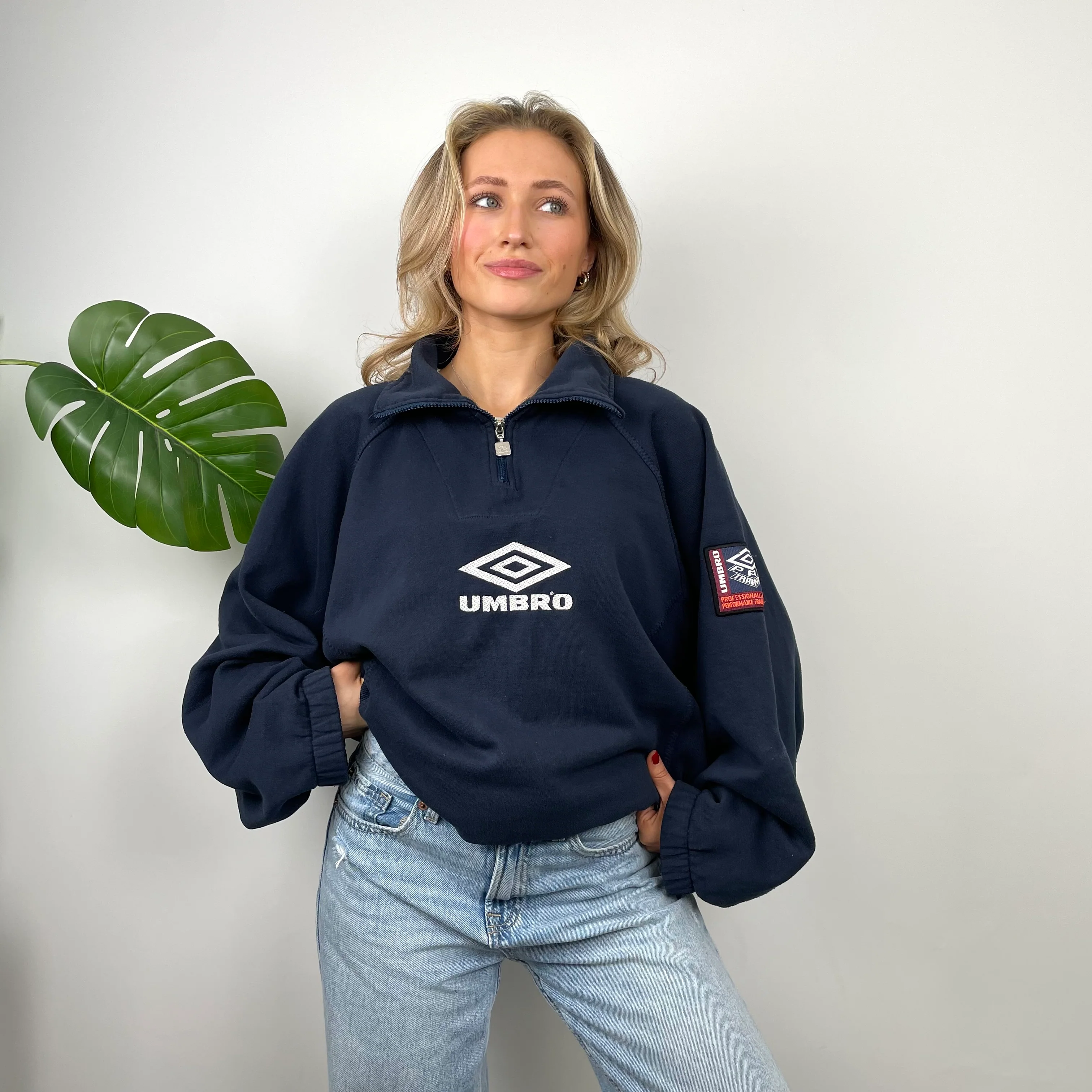Umbro RARE Navy Embroidered Spell Out Quarter Zip Sweatshirt (XL) - Image 5