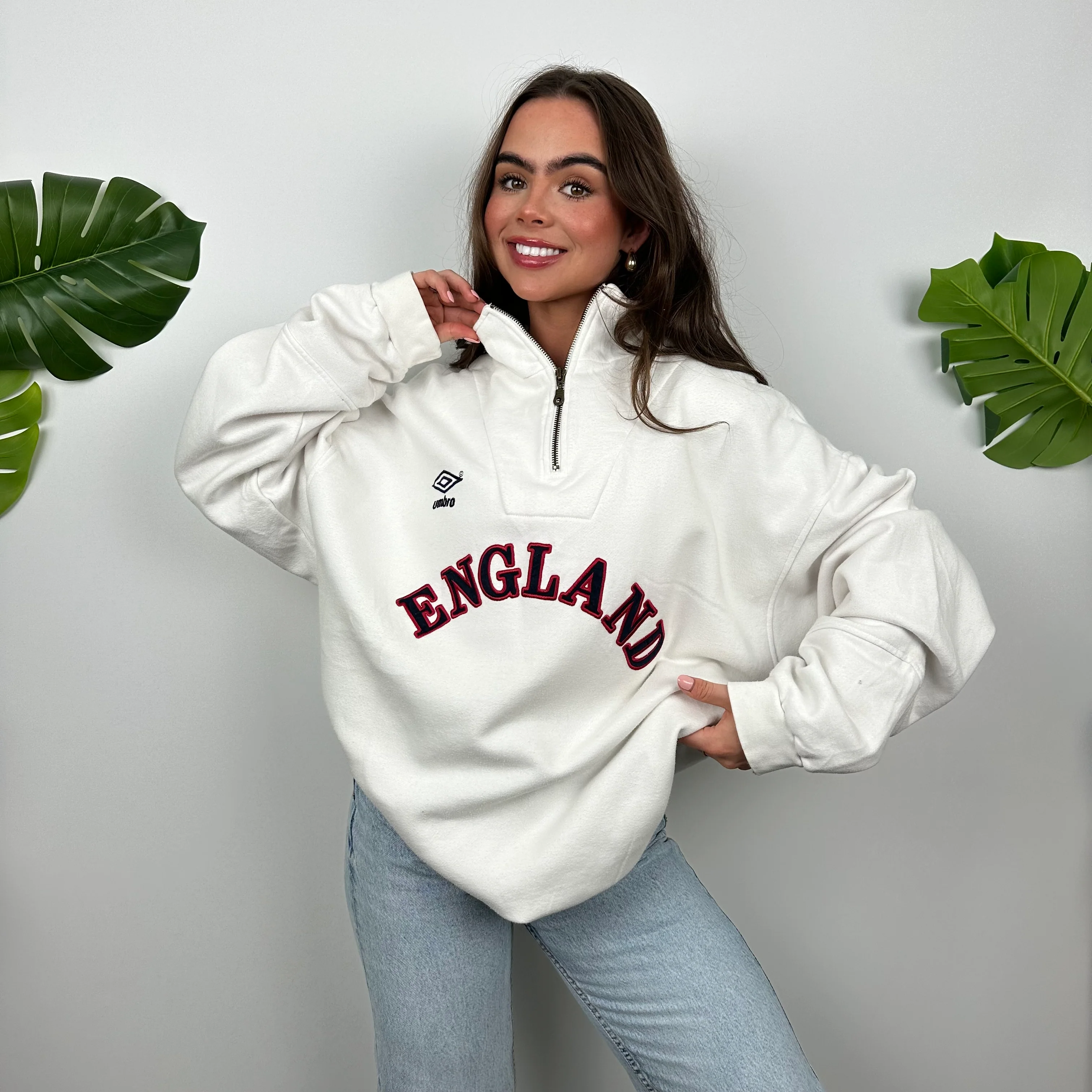 Umbro X England White Embroidered Spell Out Quarter Zip Sweatshirt (XL) - Image 3