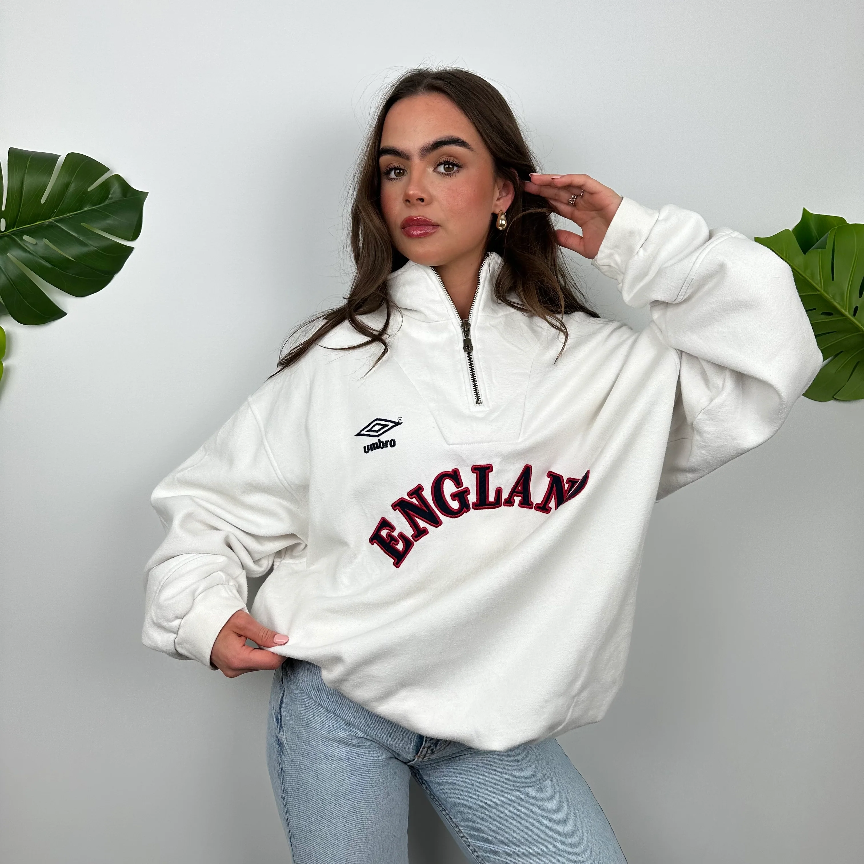 Umbro X England White Embroidered Spell Out Quarter Zip Sweatshirt (XL) - Image 4